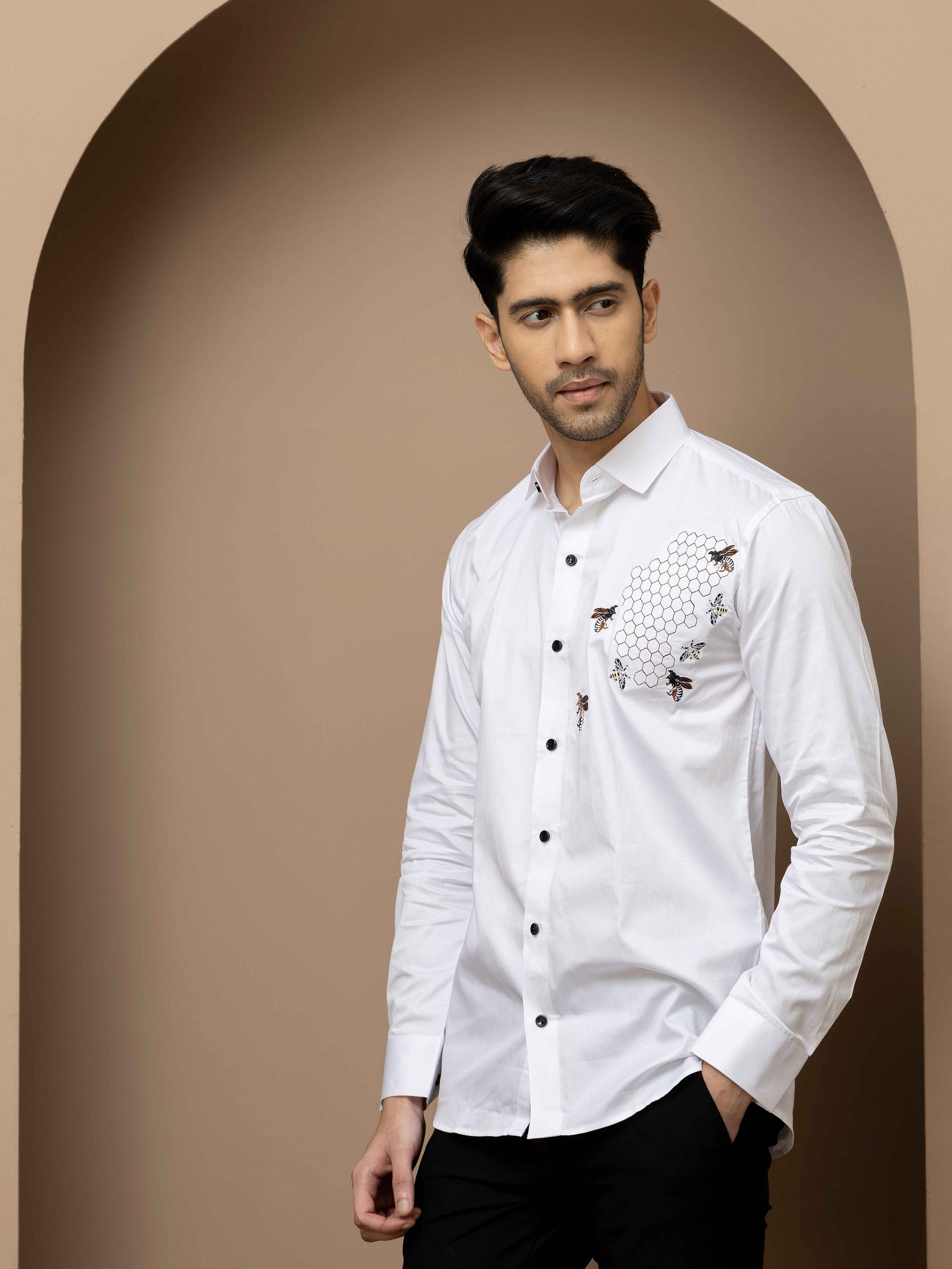 FOOMER WHITE HONEY BEES EMBROIDERED CLUB WEAR SATIN COTTON SHIRT