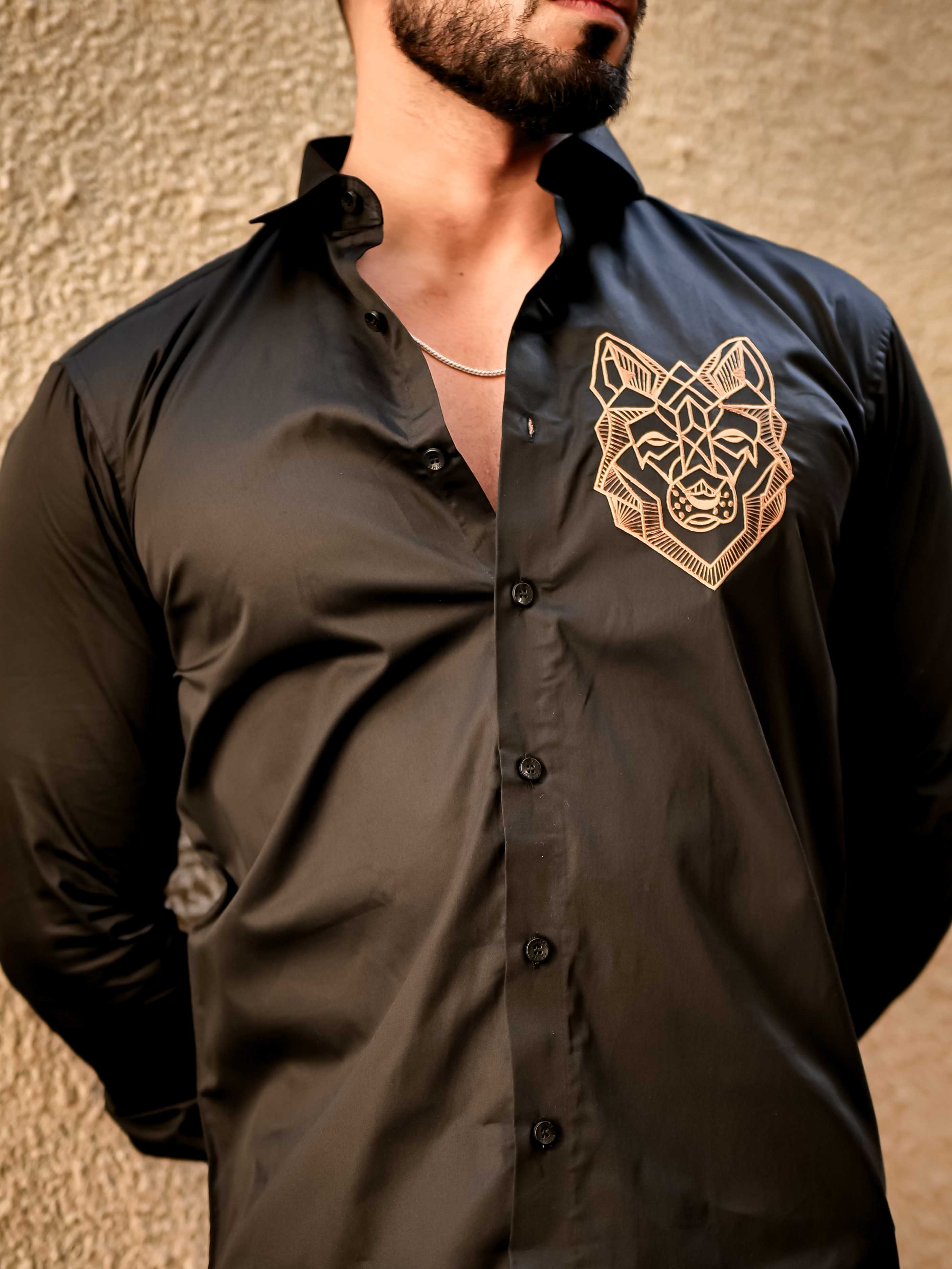 Line Art Wolf Black Embroidered Club Wear Satin Cotton Shirt