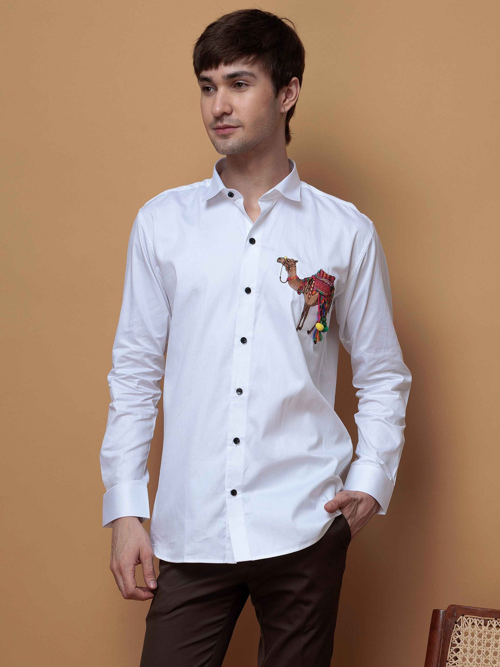 WHITE CAMEL EMBROIDERED DESIGNER SATIN COTTON SHIRT FOR MEN'S
