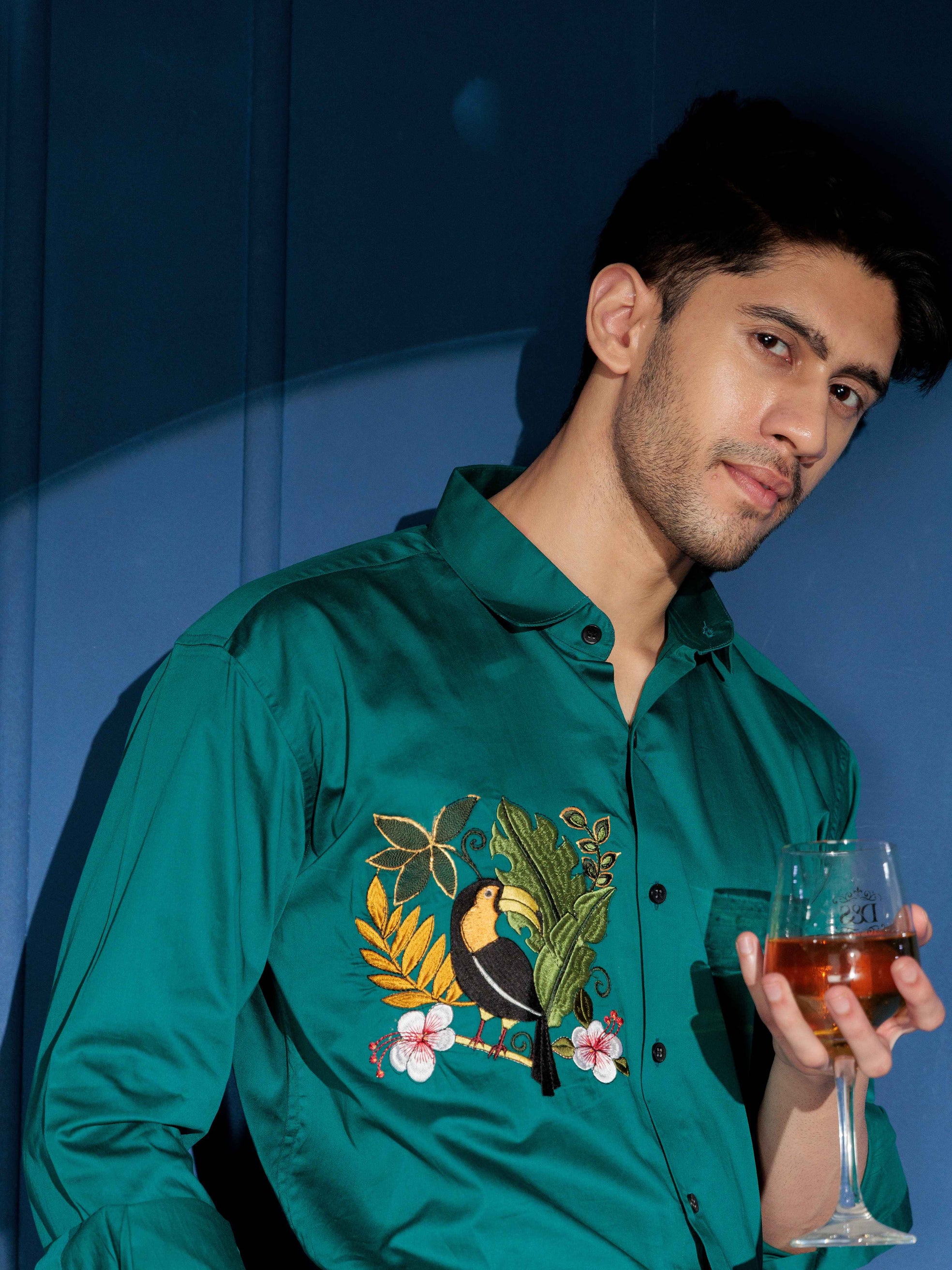 FOOMER  BIRD NEST EMBROIDERED RAMA LUXURY COTTON SHIRT FOR MEN