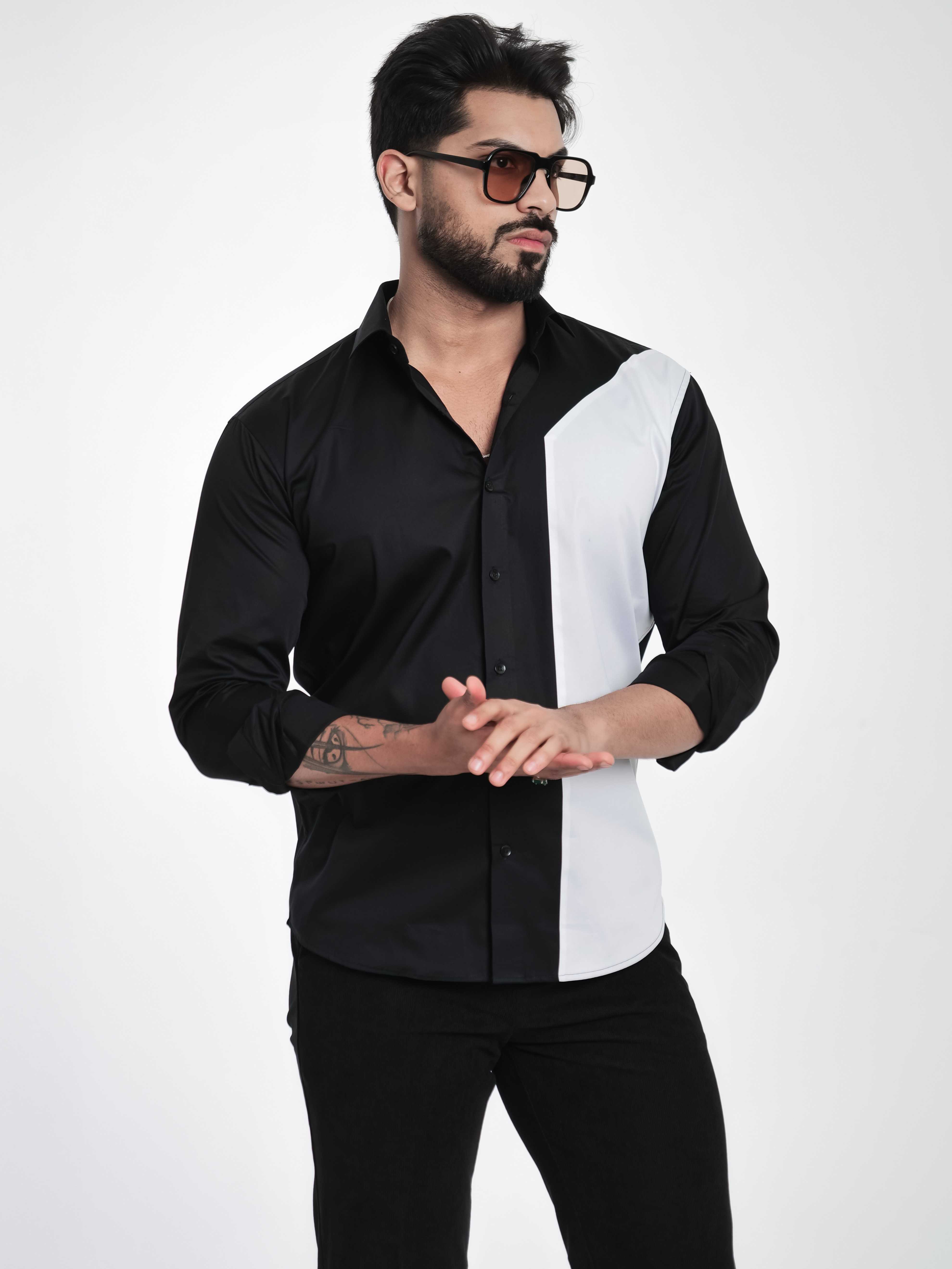 FOOMER BLACK AND WHITE CUT N SEW DESIGNER SHIRT FOR MEN&#39;S