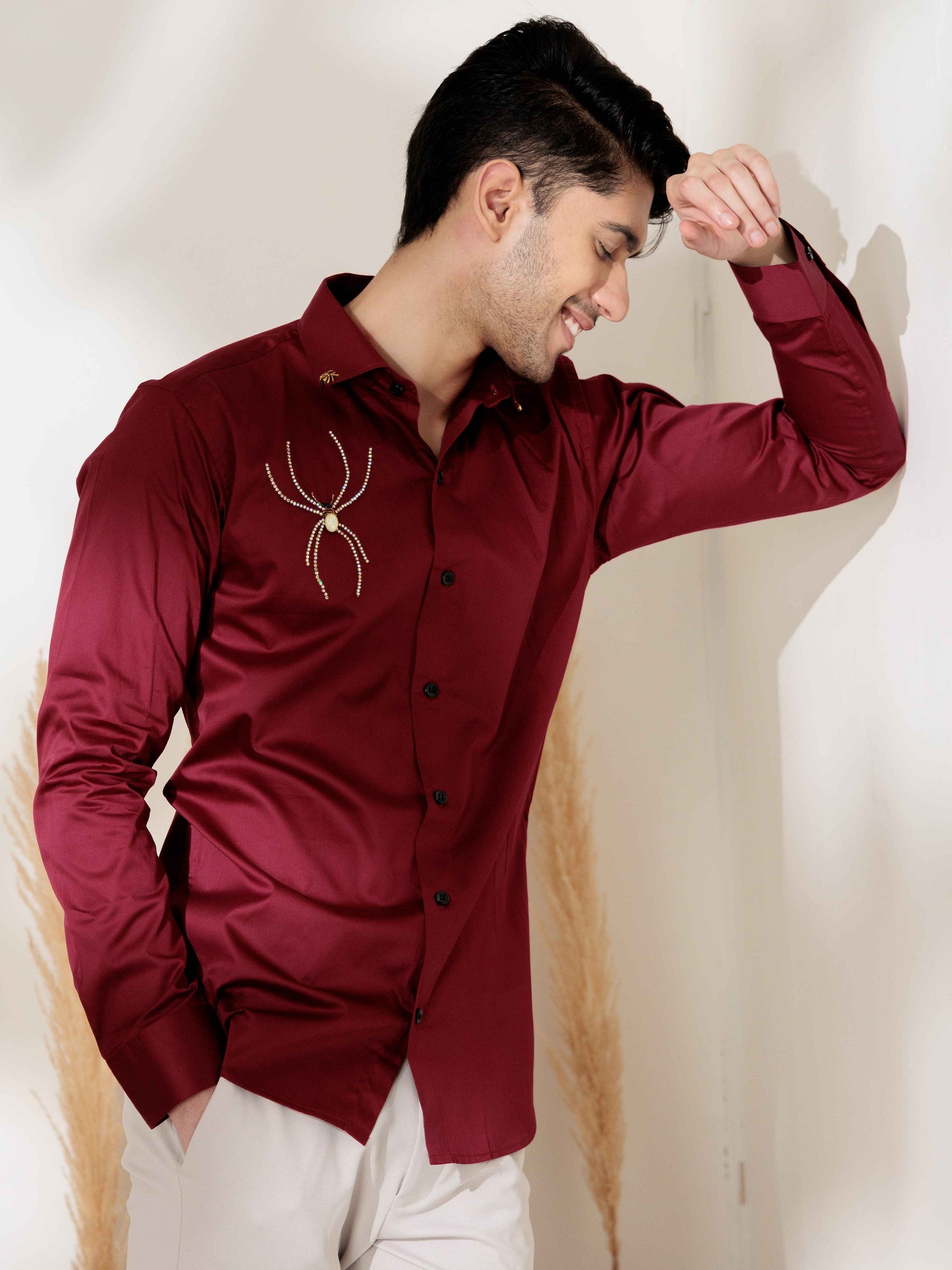 FOOMER MAROON RHINESTONE HAND WORK SATIN COTTON PREMIUM SHIRT FOR MEN