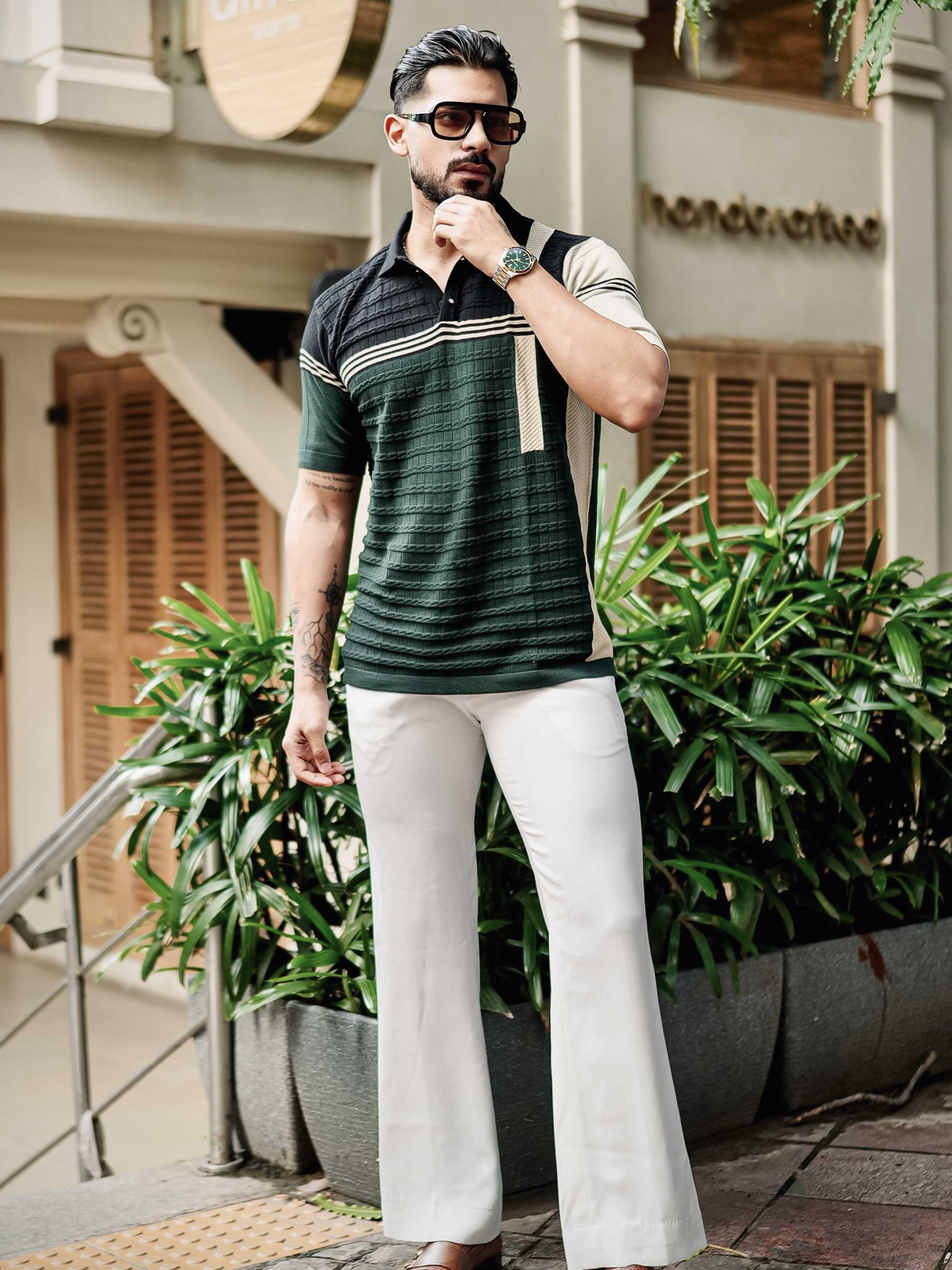 FOOMER GREEN HALF SLEEVE KNITTED TSHIRT FOR MEN'S