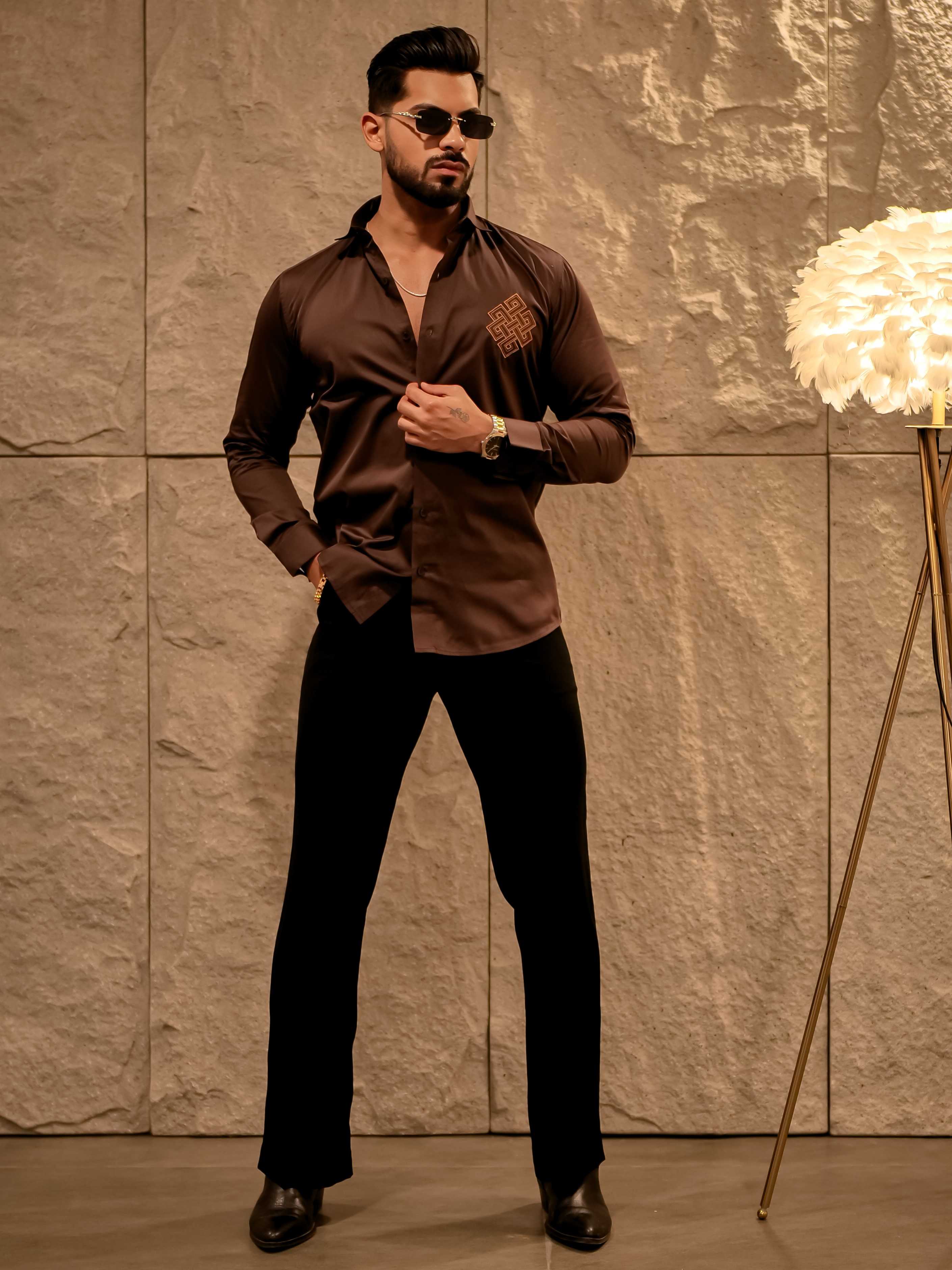 Aesthetic Brown Golden Embroidered Premium Cotton Shirt For Men