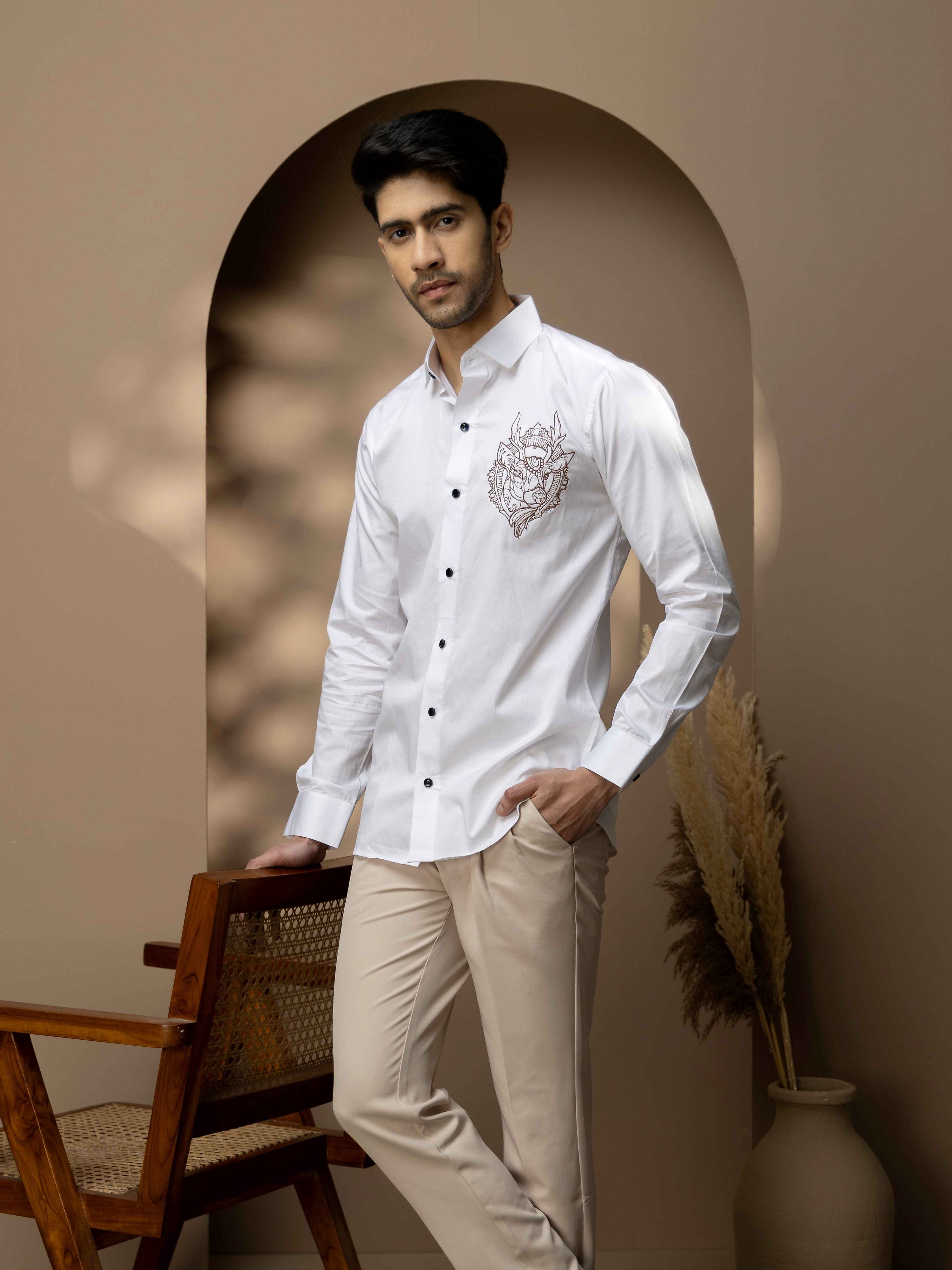 Foomer Moose White Embroidered Club Wear Satin Cotton Shirt