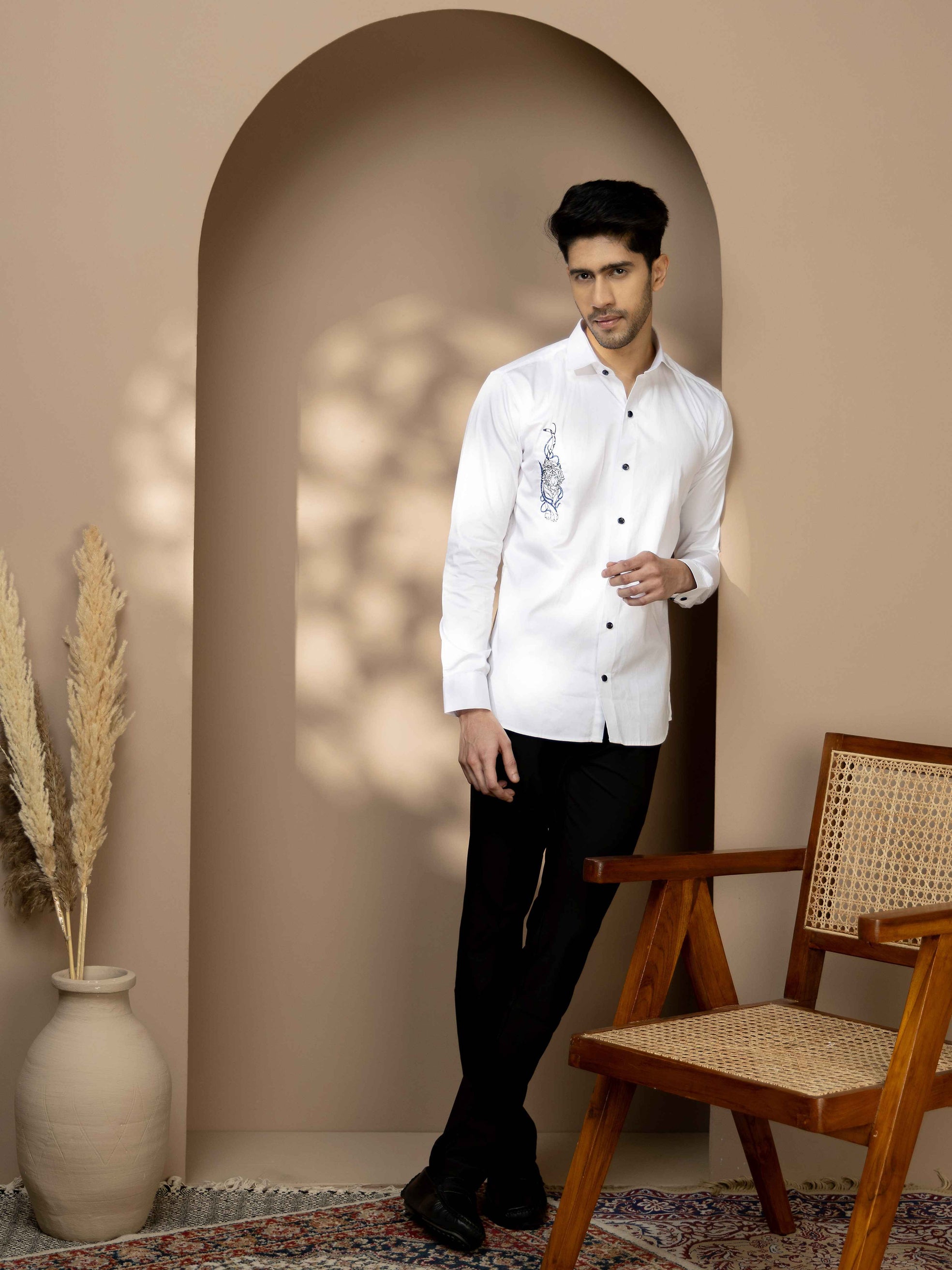 FOOMER WHITE EMBROIDERY SATIN COTTON SHIRT FOR MEN