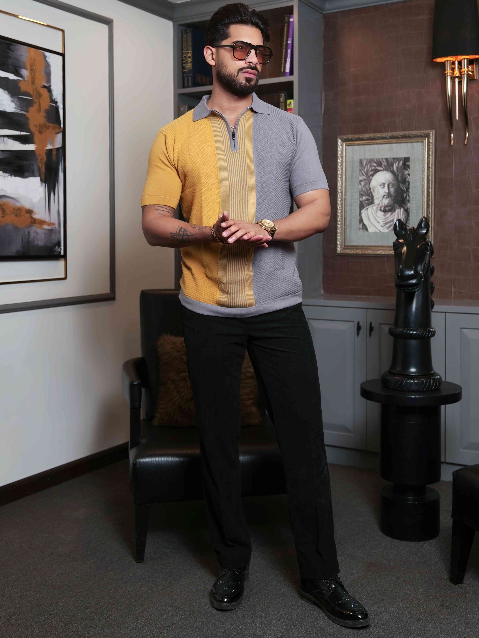 FOOMER YELLOW AND GREY HALF SLEEVE KNITED TSHIRT FOR MEN'S