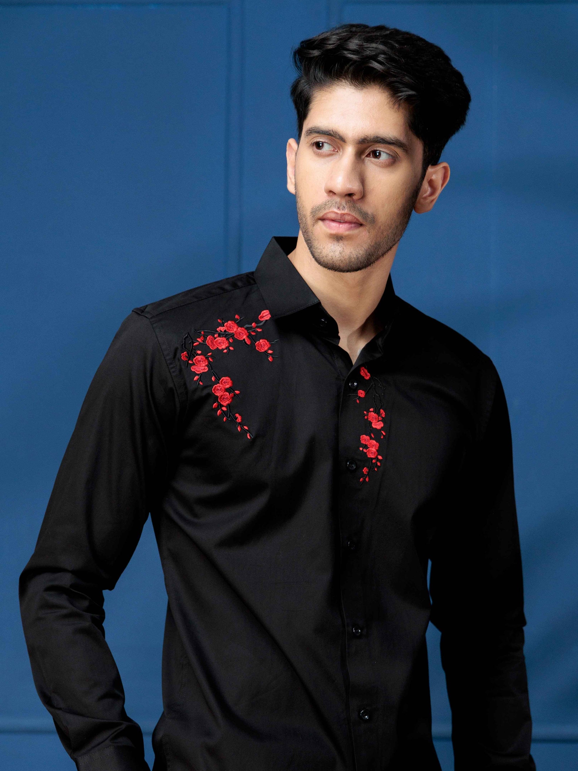 FOOMER BLACK  FLOWER EMBROIDERED DESIGNER WEAR SATIN COTTON SHIRT FOR MEN