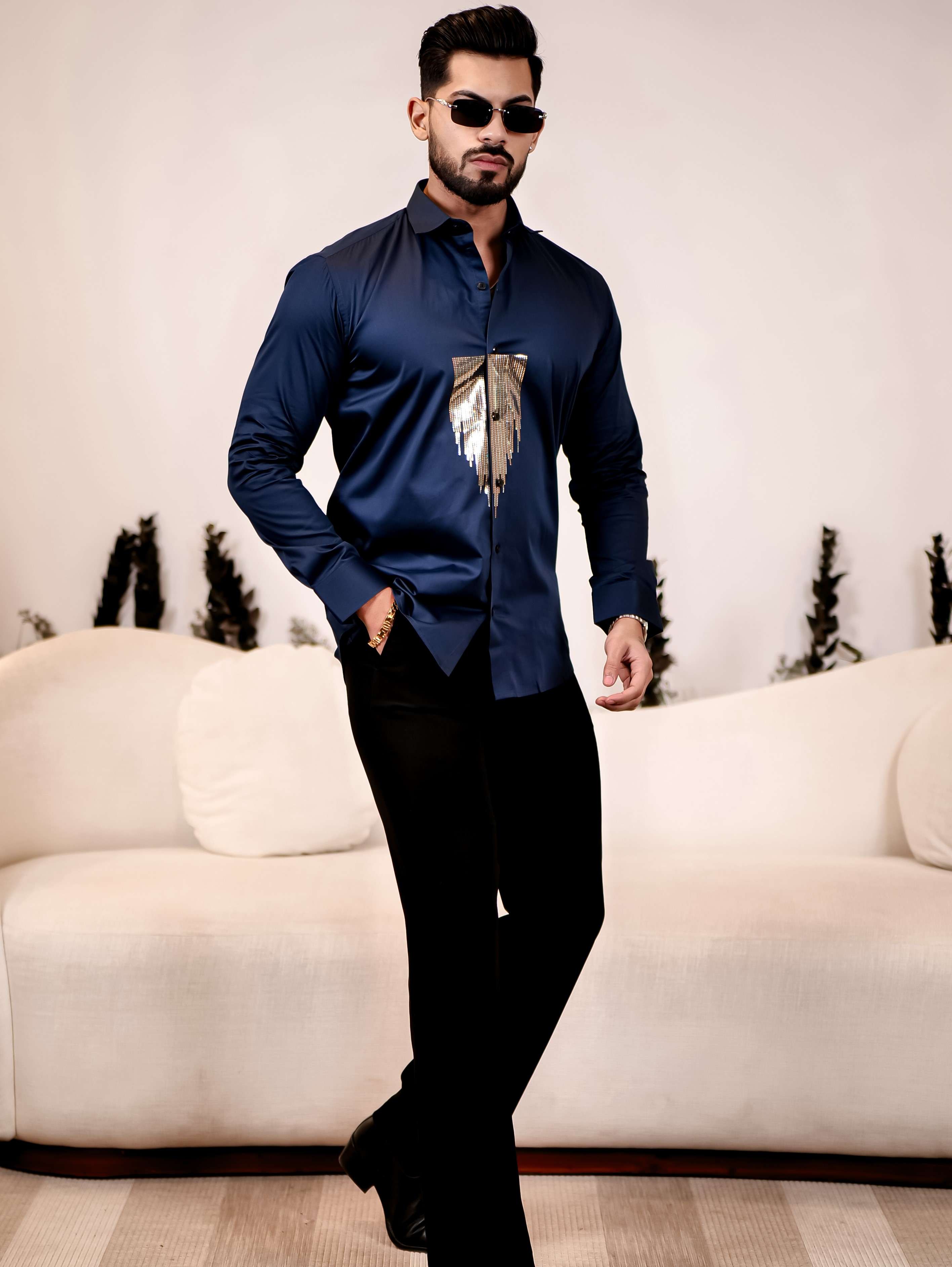 Navy Blue Sequence Club Wear Satin Cotton Party Shirt