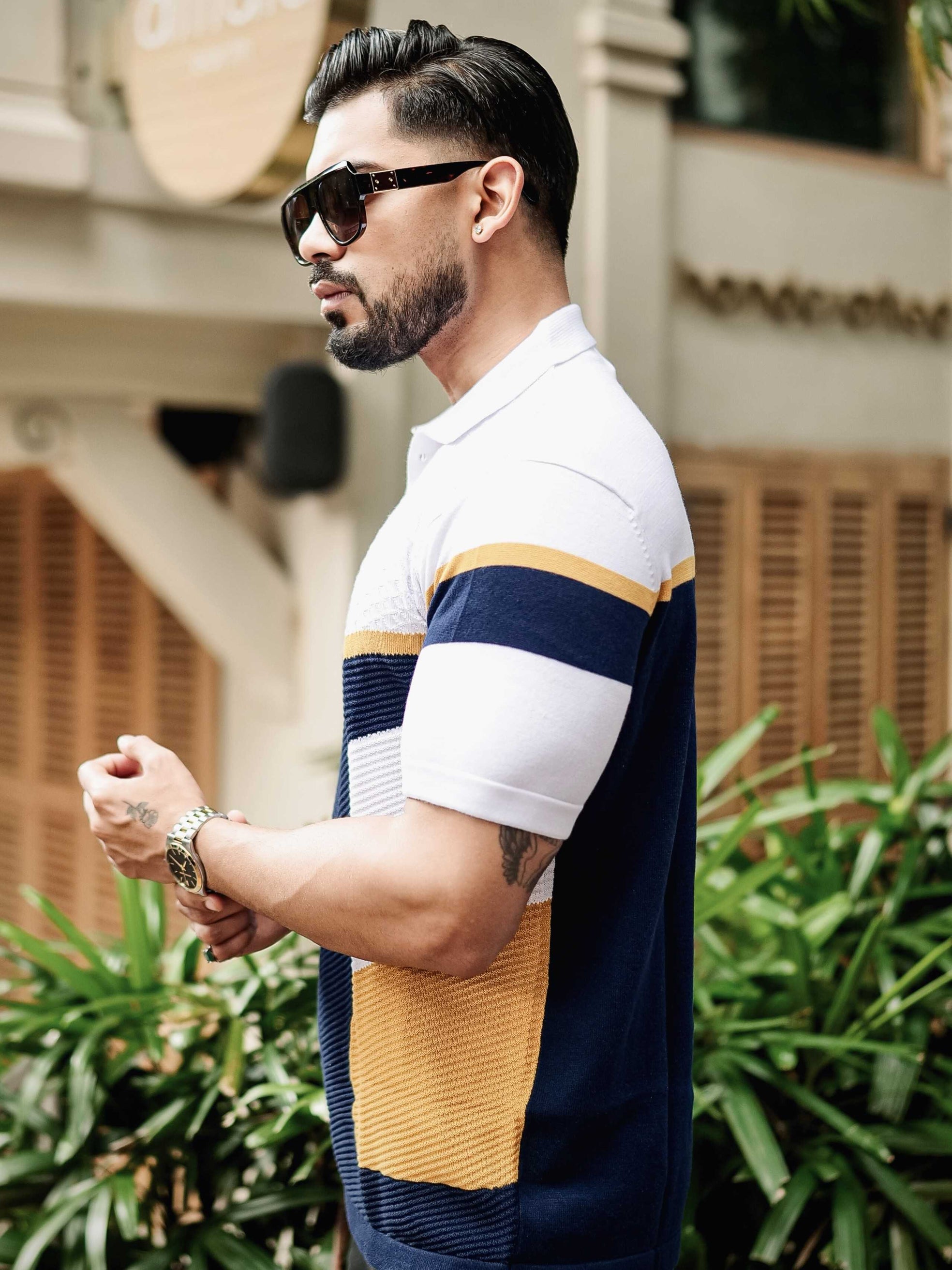 FOOMER WHITE AND NAVY HALF SLEEVE KNITTED TSHIRT FOR MEN'S