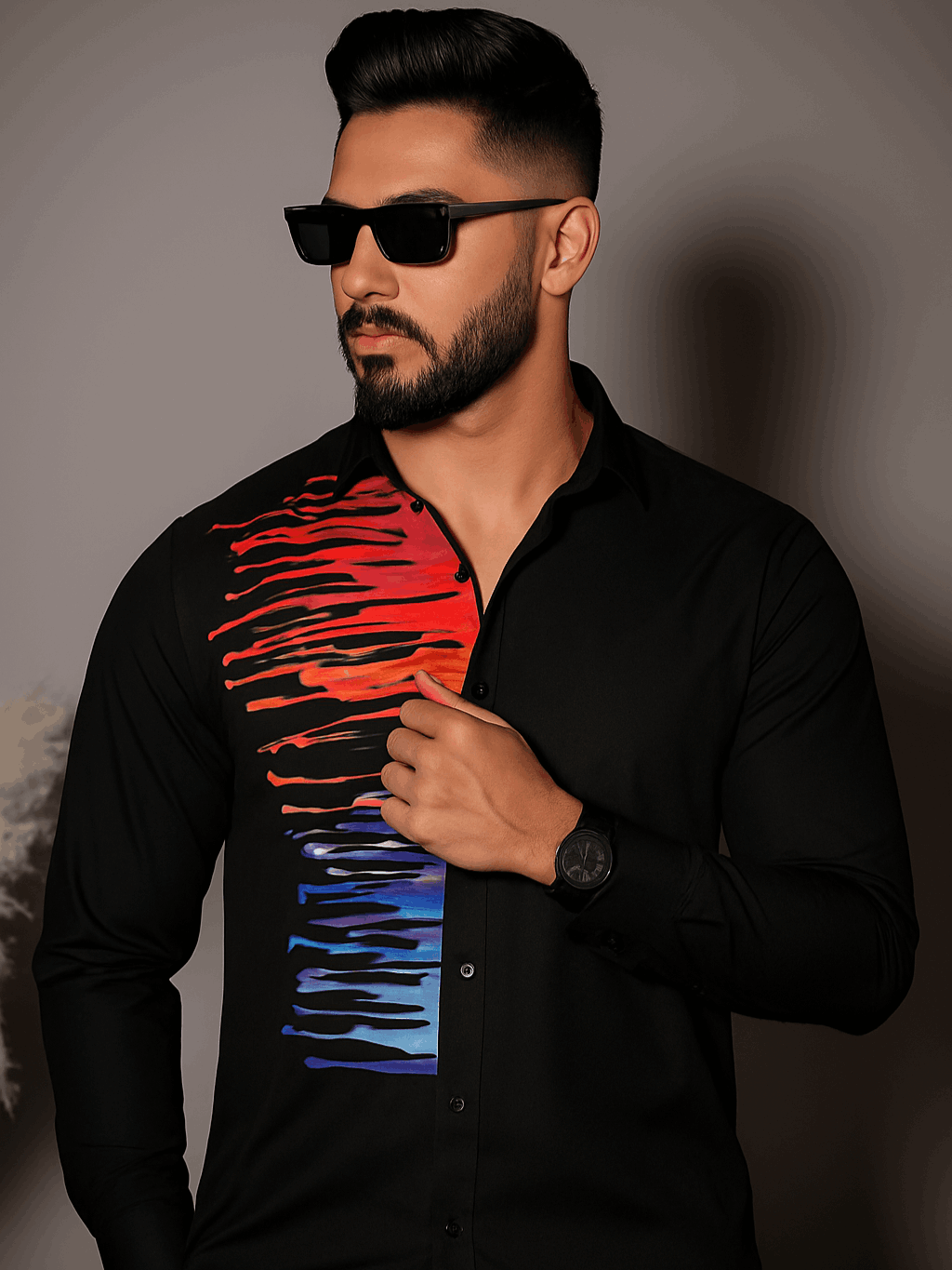 Black Club Wear Printed Satin Cotton Shirt