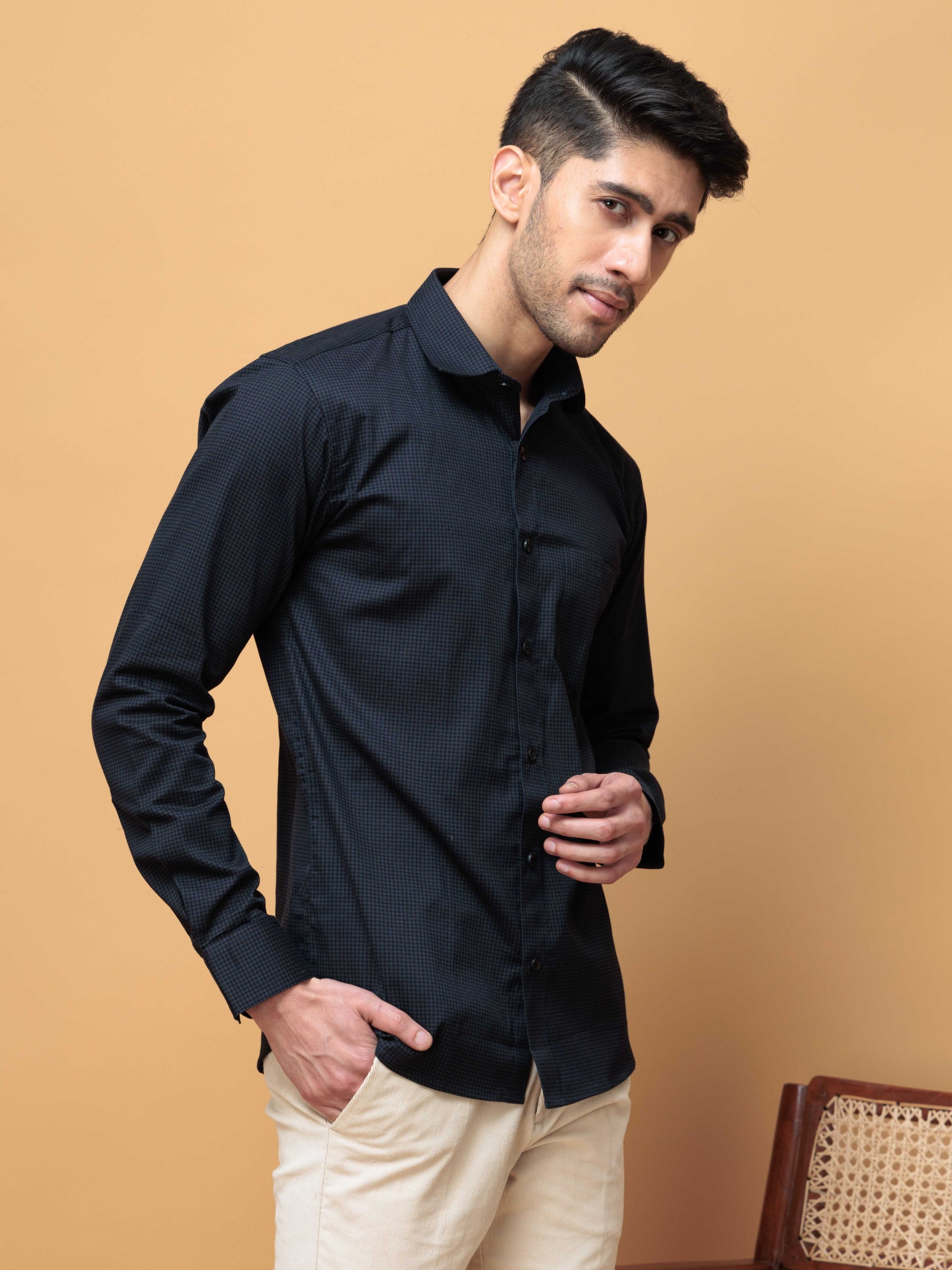 FOOMER NAVY MINI CHECKED COTTON CASUAL SHIRT FOE MEN'S