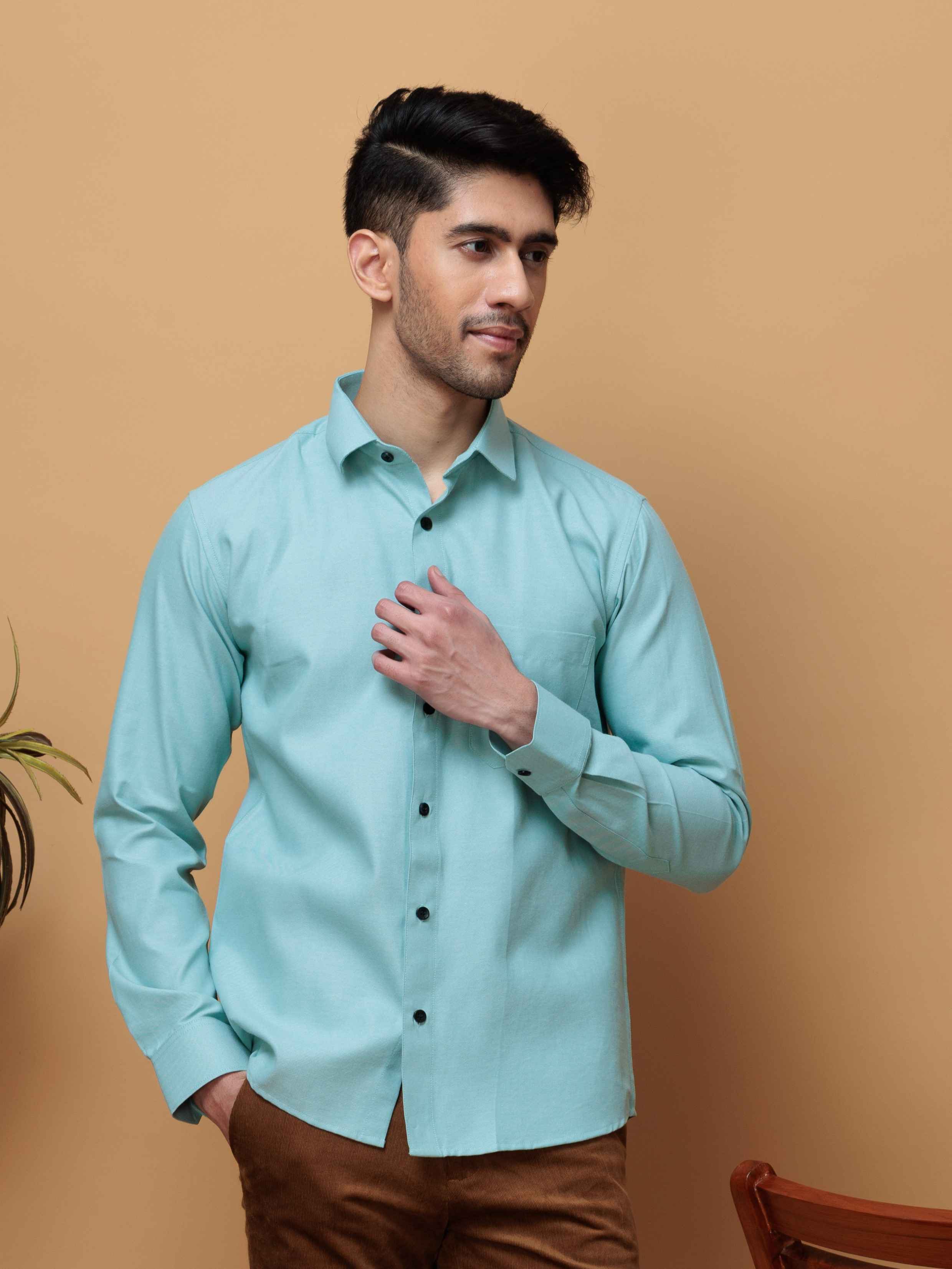 FORMAL CYAN PLAIN OXFORD COTTON CASUAL SHIRT FOR MEN&#39;S