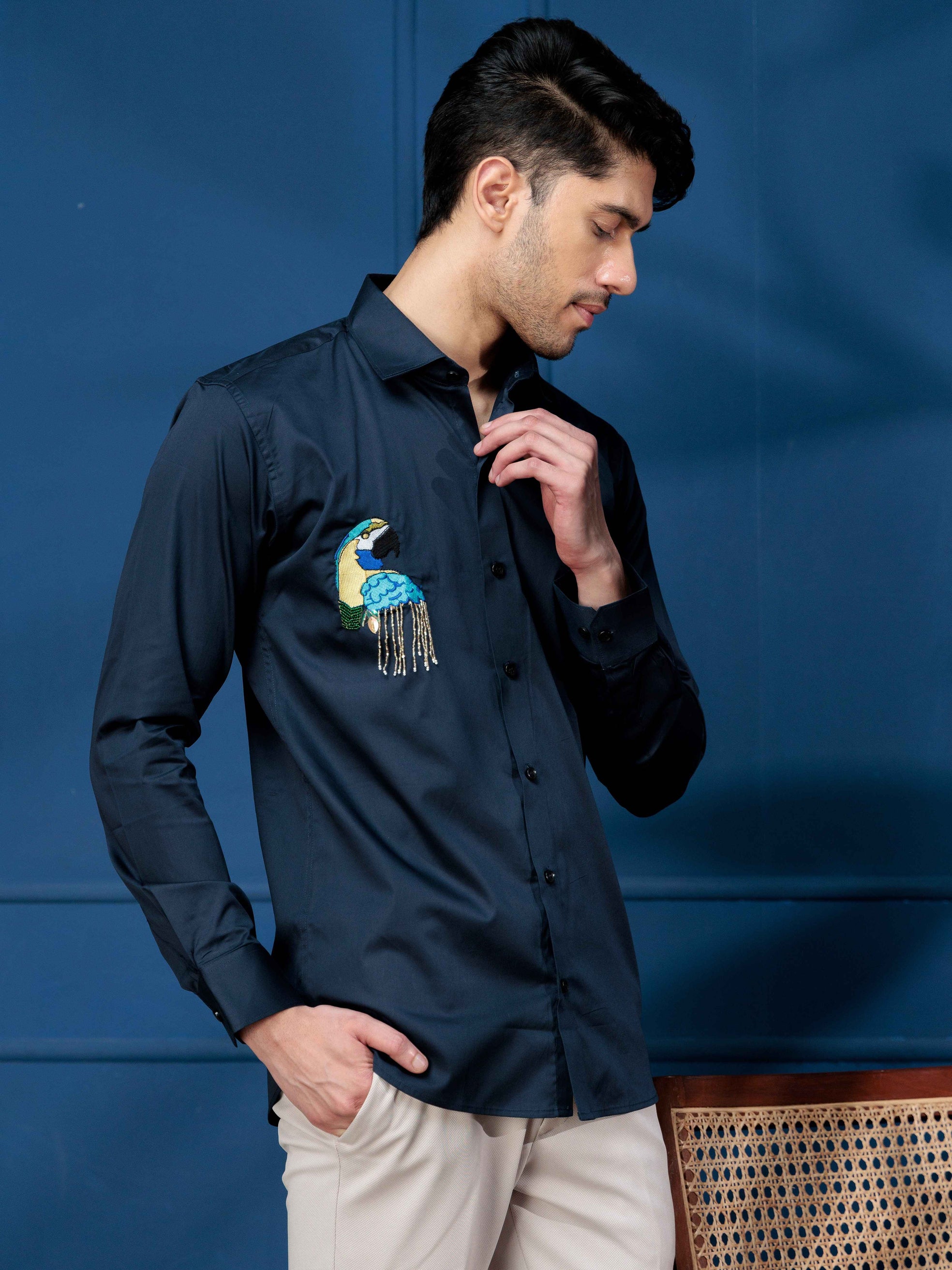 FOOMER NAVY BLUE EMBROIDERY SATIN COTTON SHIRT FOR MEN