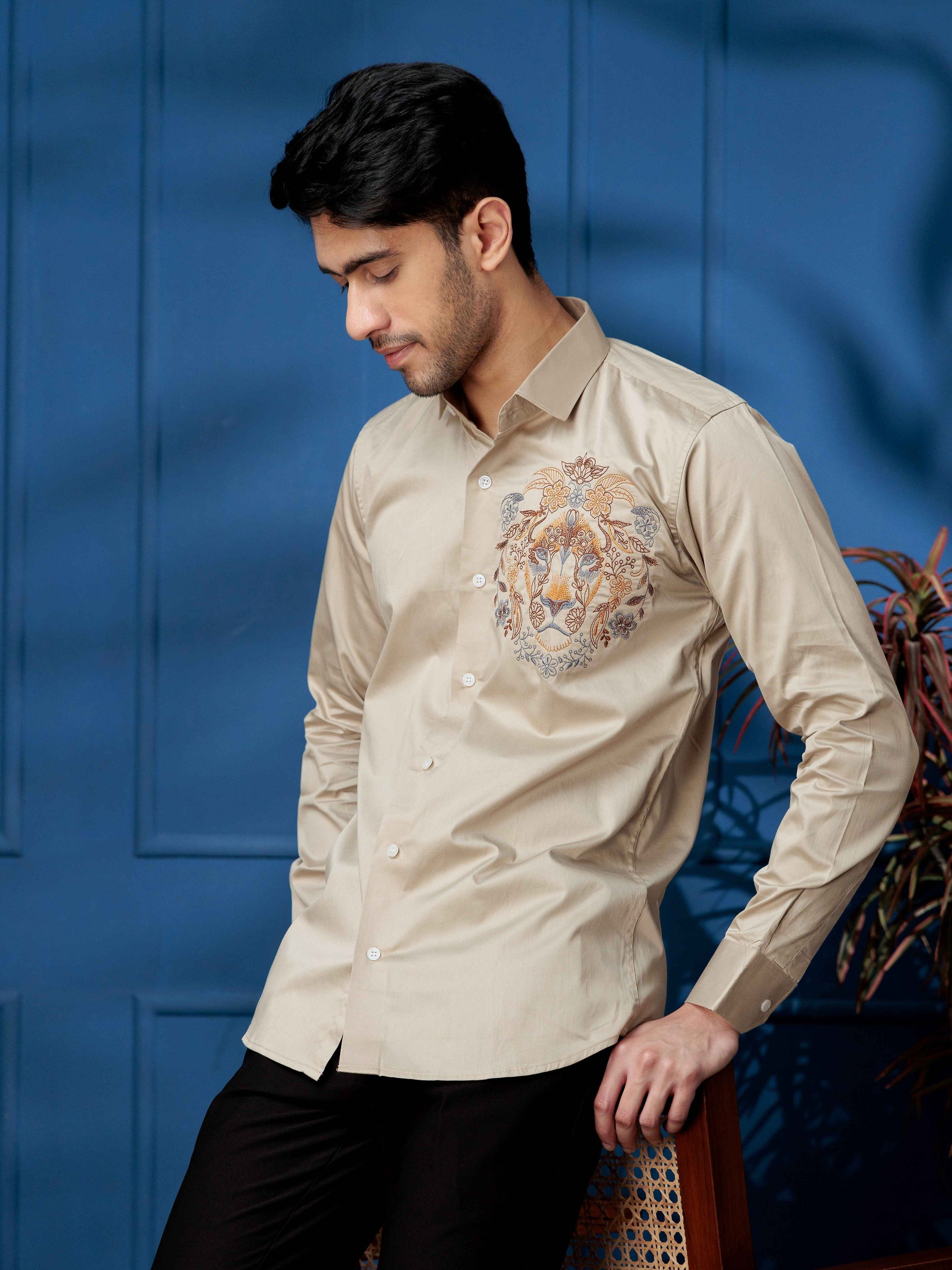 FOOMER CREAM LION EMBROIDERED CLUB WEAR SATIN COTTON SHIRT