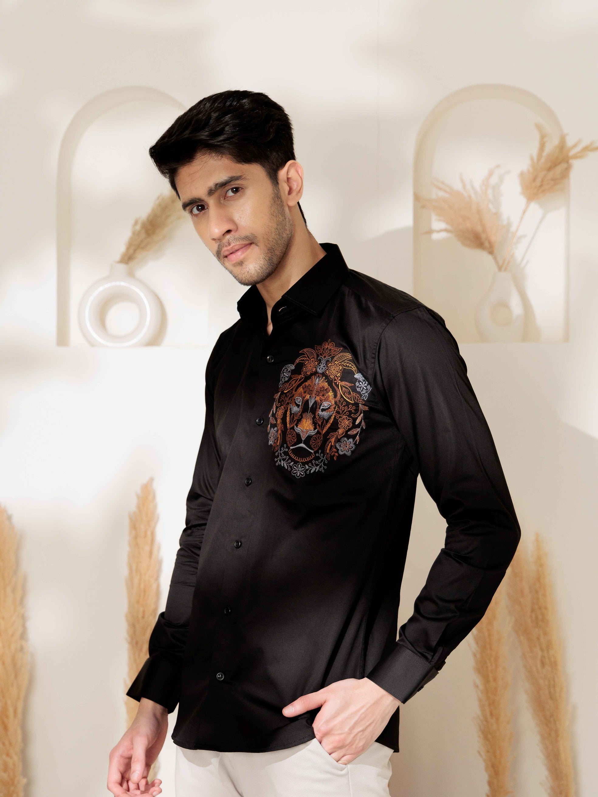 FOOMER BLACK LION EMBROIDERED CLUB WEAR SATIN COTTON SHIRT