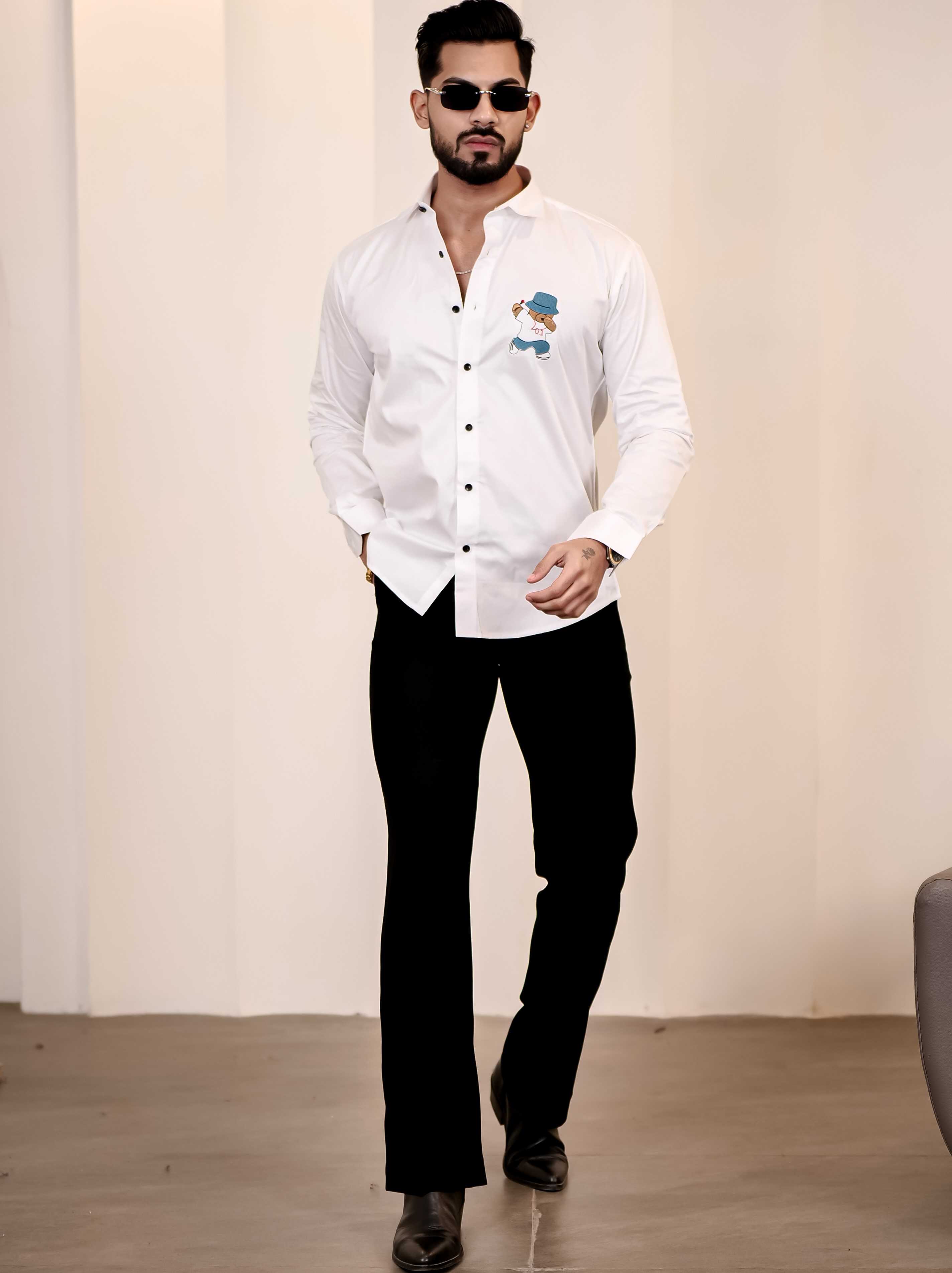 Love Teddy White Embroidered Club Wear Satin Cotton Shirt