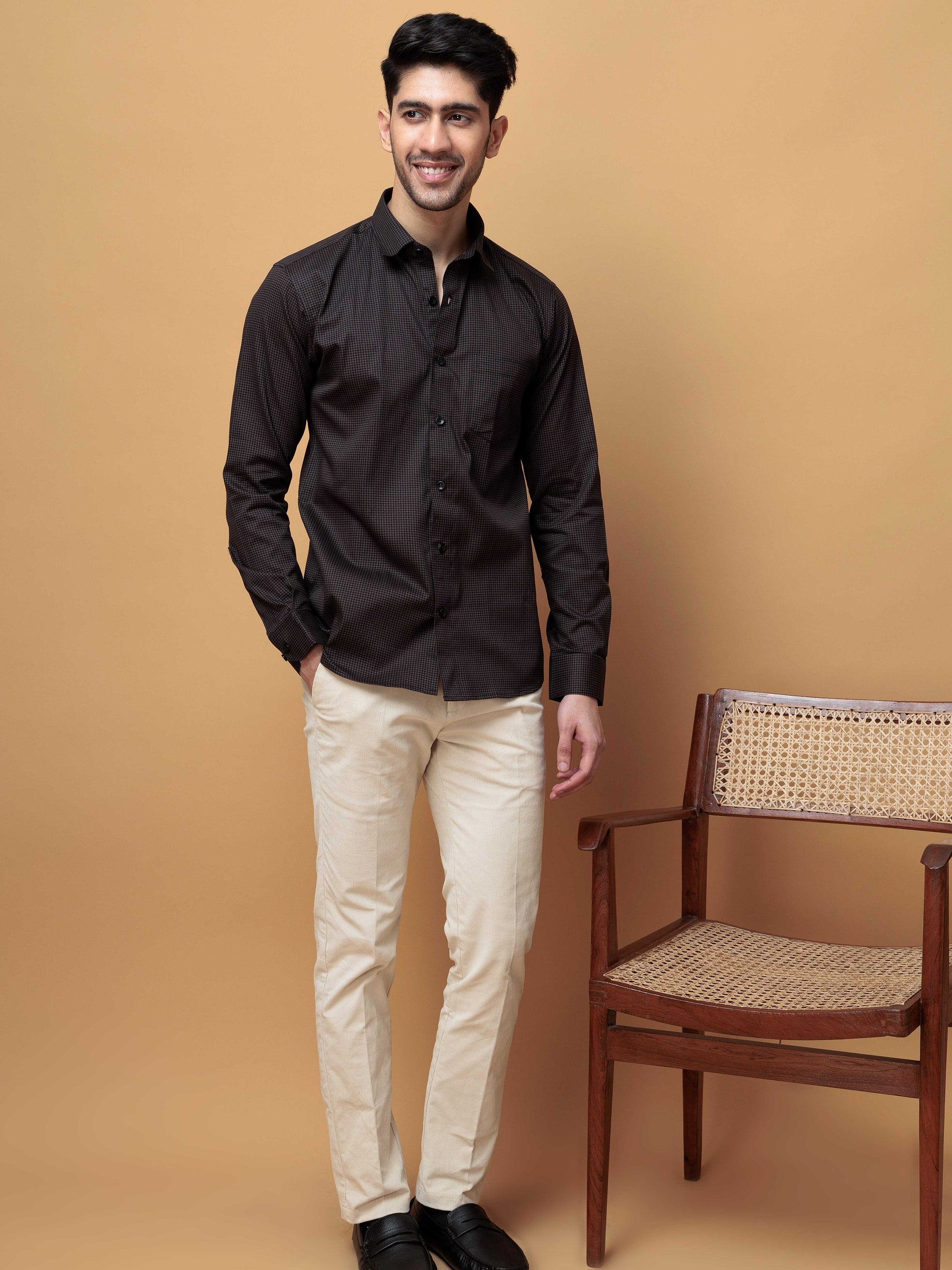 FOOMER DARK GREY MINI CHECKED COTTON CASUAL SHIRT FOR MEN'S