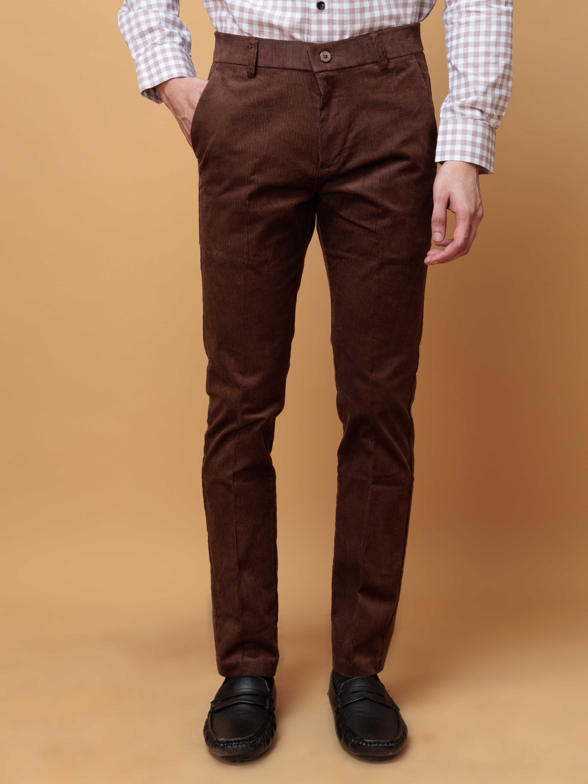 BROWN CORDUROY RELAXED FIT TROUSERS FOR MEN'S