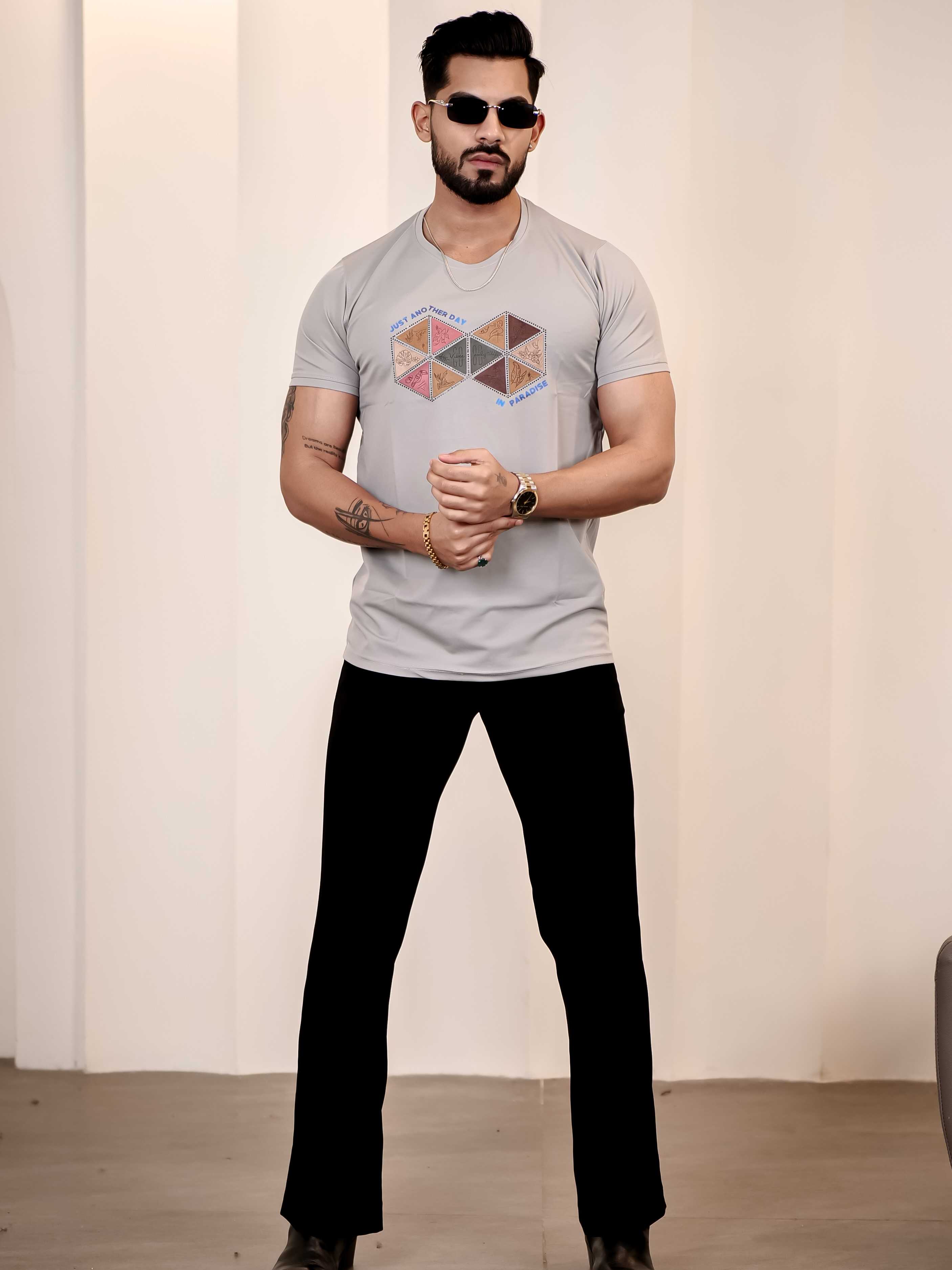 Grey Round Neck Imported Cotton Half Sleeve Premium Designer T-Shirt