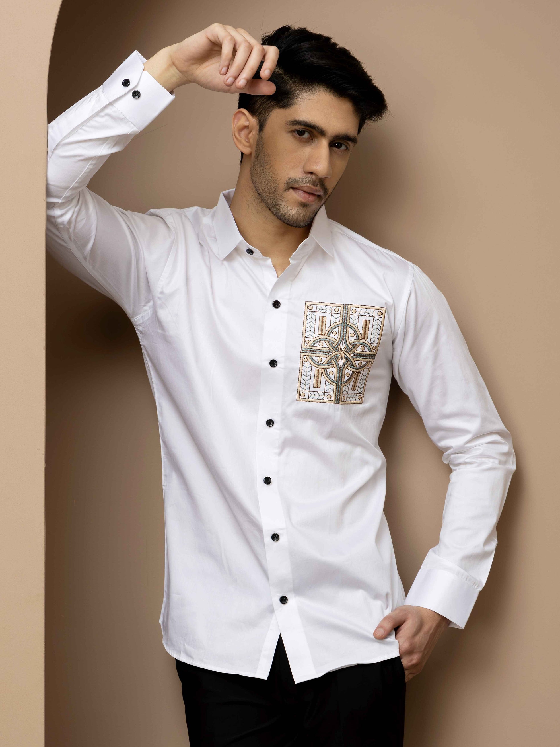 FOOMER WHITE GOLDEN EMBROIDERED CLUB WEAR SATIN COTTON SHIRT