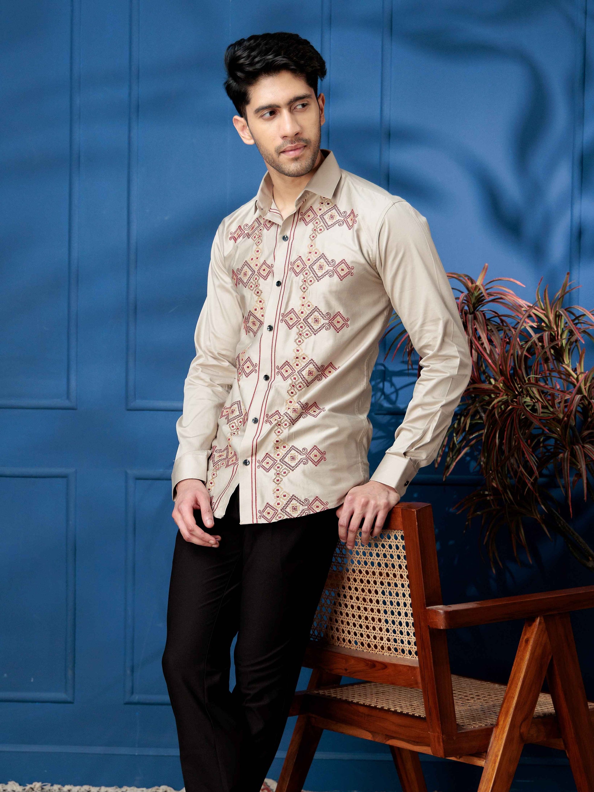 FOOMER BEIGE EMBROIDERED CLUB WEAR SATIN COTTON SHIRT