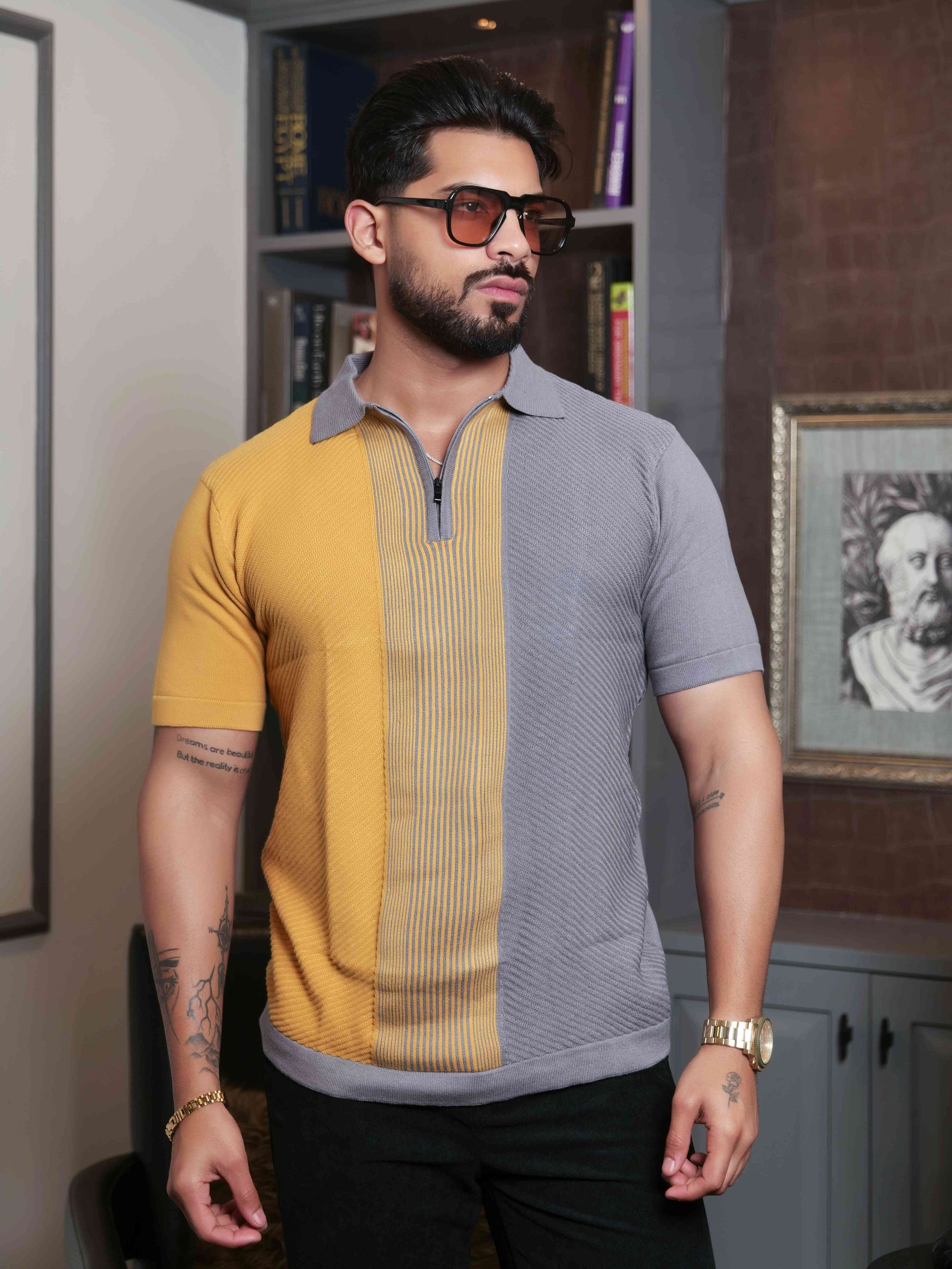FOOMER YELLOW AND GREY HALF SLEEVE KNITED TSHIRT FOR MEN'S