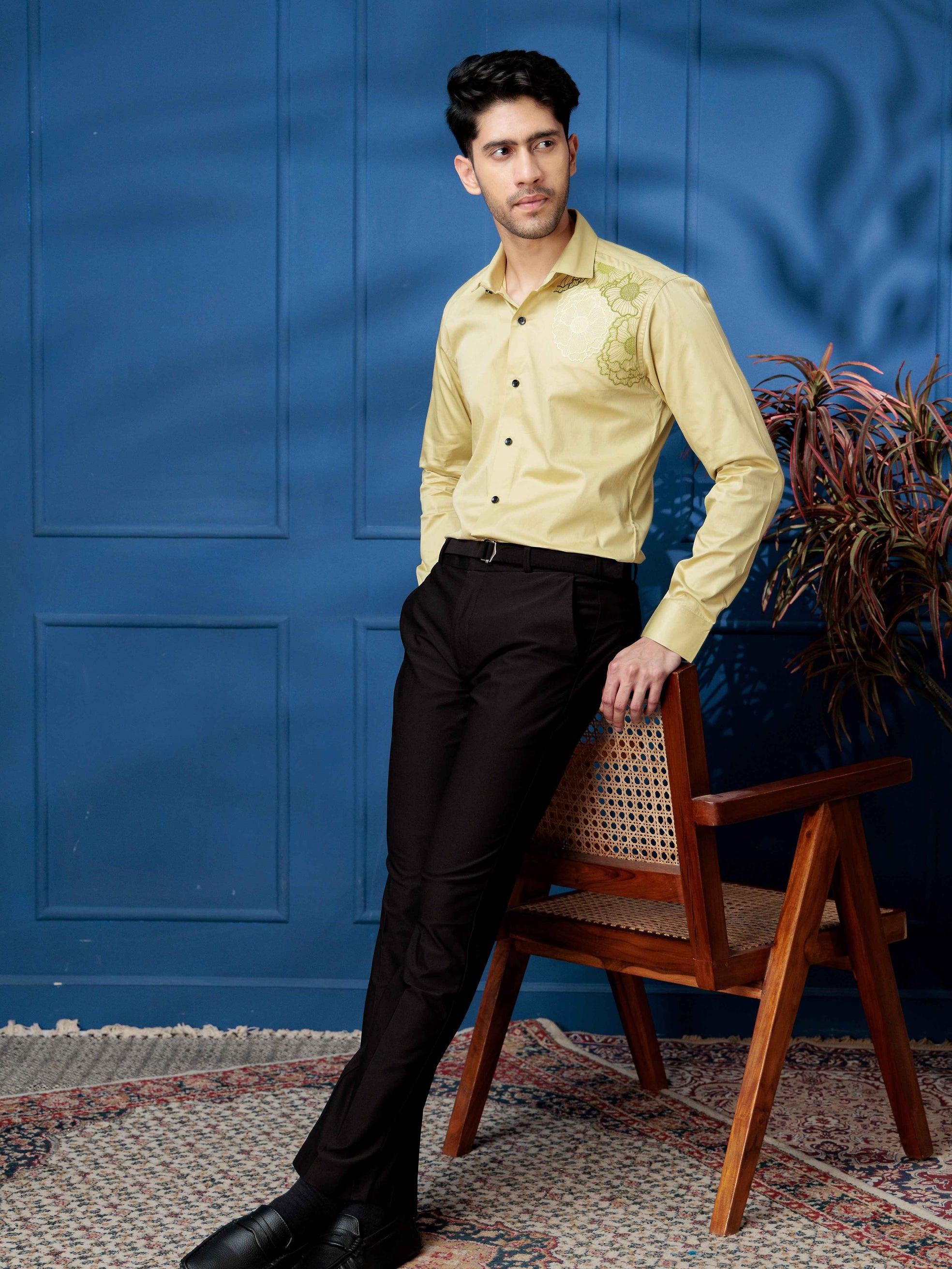 FOOMER FLOWER EMBROIDERED CLUB WEAR SATIN COTTON SHIRT FOR MEN