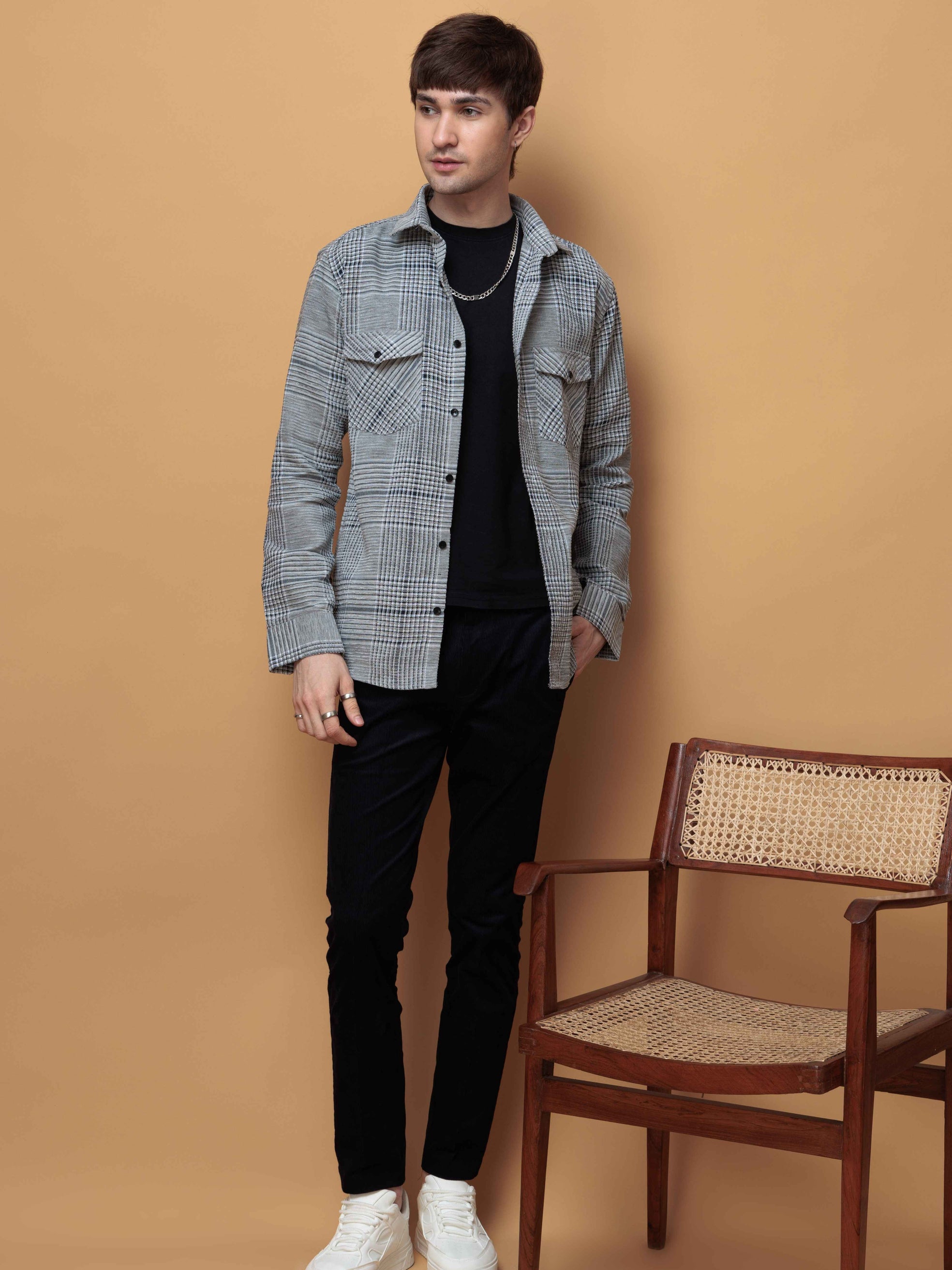 FOOMER GREY GLEN CHECKED CASUAL SHIRT FOR MEN'S