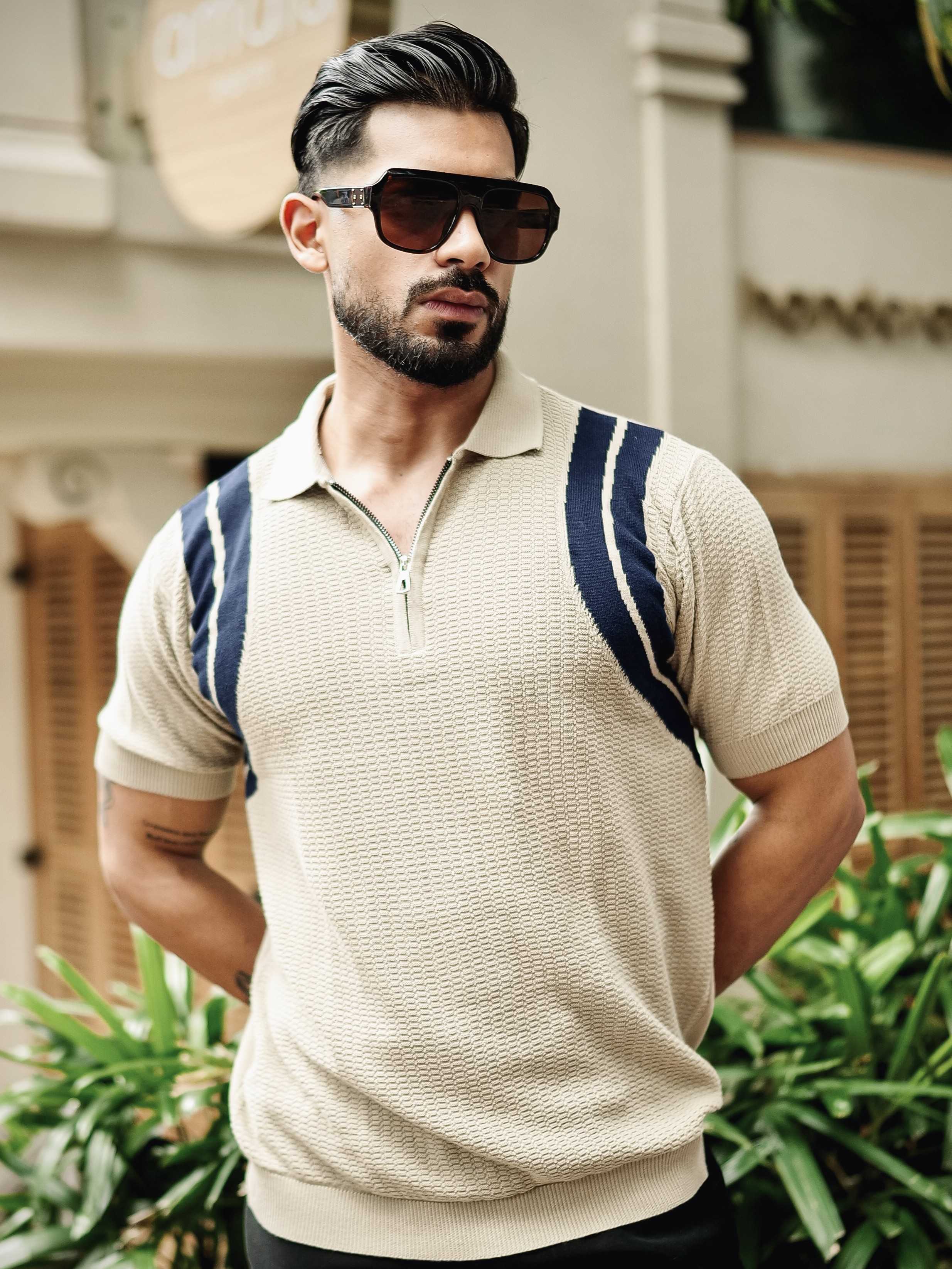 FOOMER CREAM HALF SLEEVE KNITTED TSHIRT FOR MEN'S