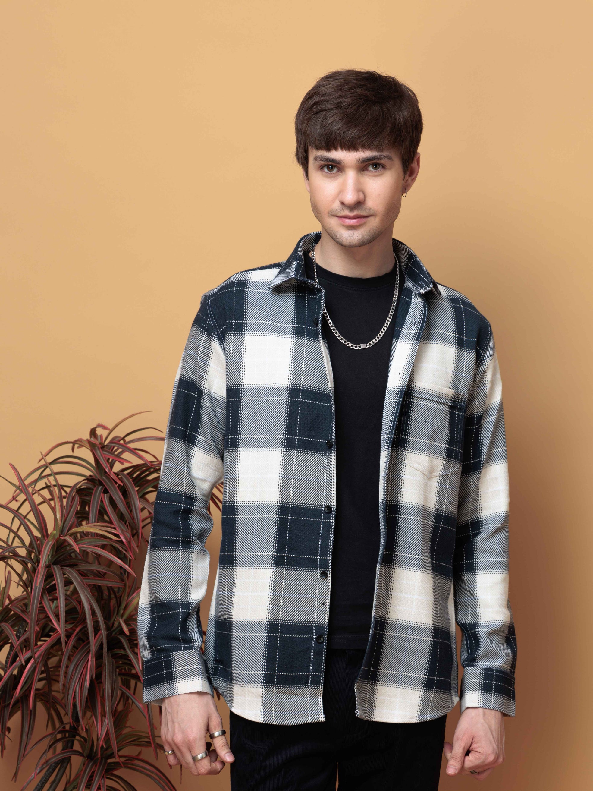 FOOMER TARTAN NAVY CHECKED COTTON CASUAL SHIRT FOR MEN'S