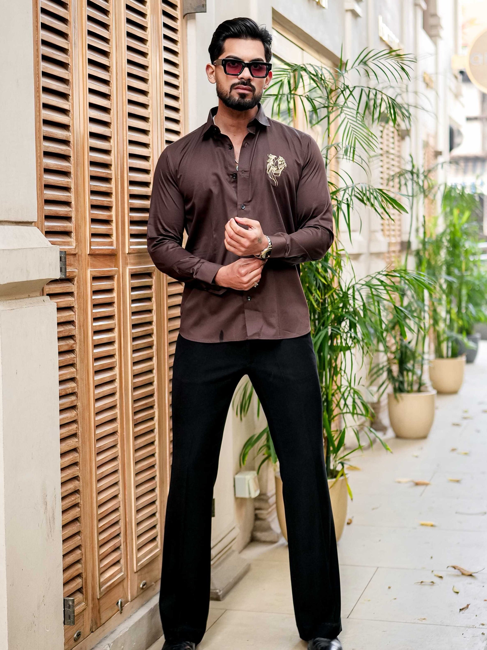 Brown Club Wear Embroidery Satin Cotton Shirt