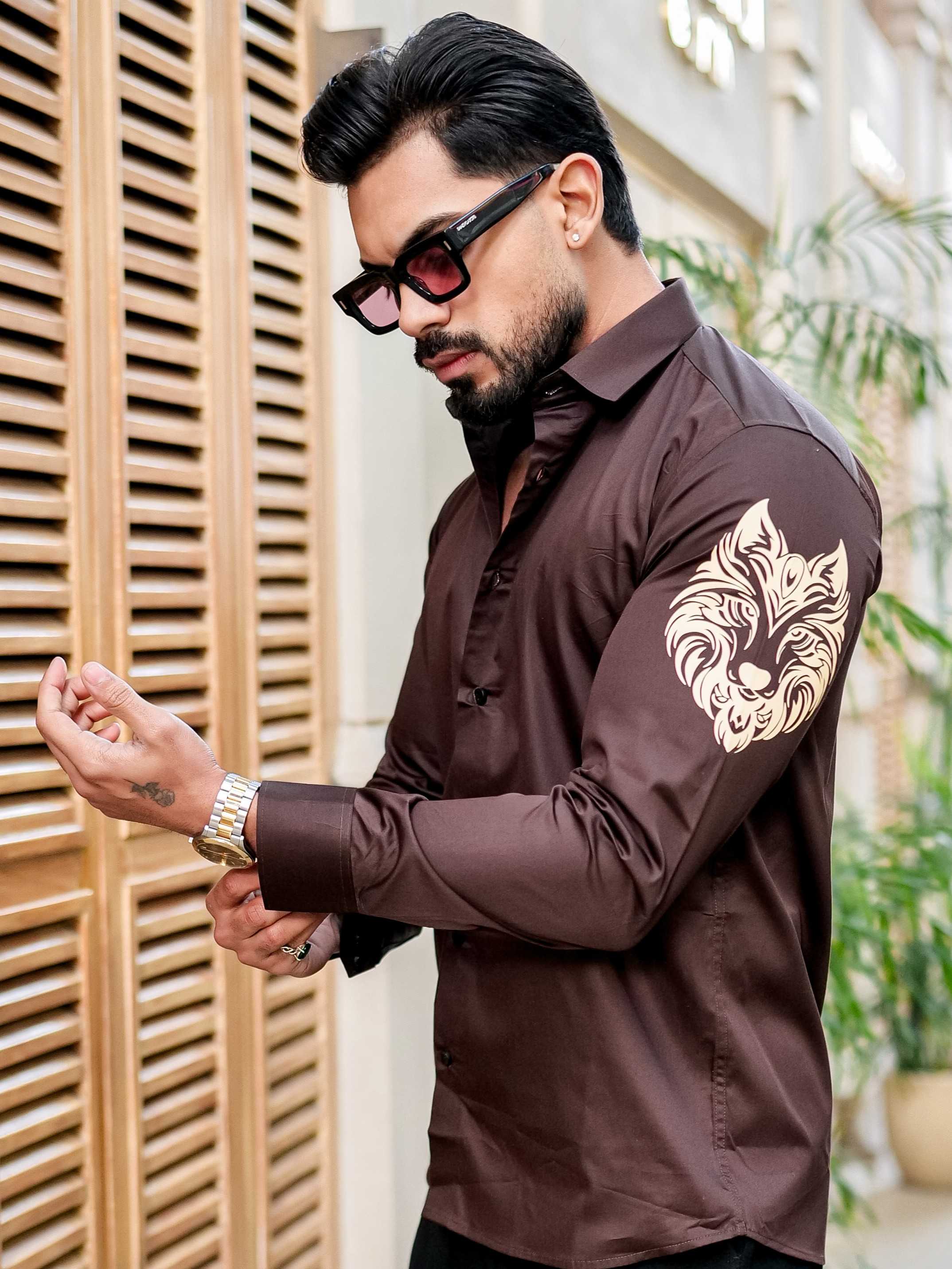 Brown Club Wear Printed Satin Cotton Shirt For Men