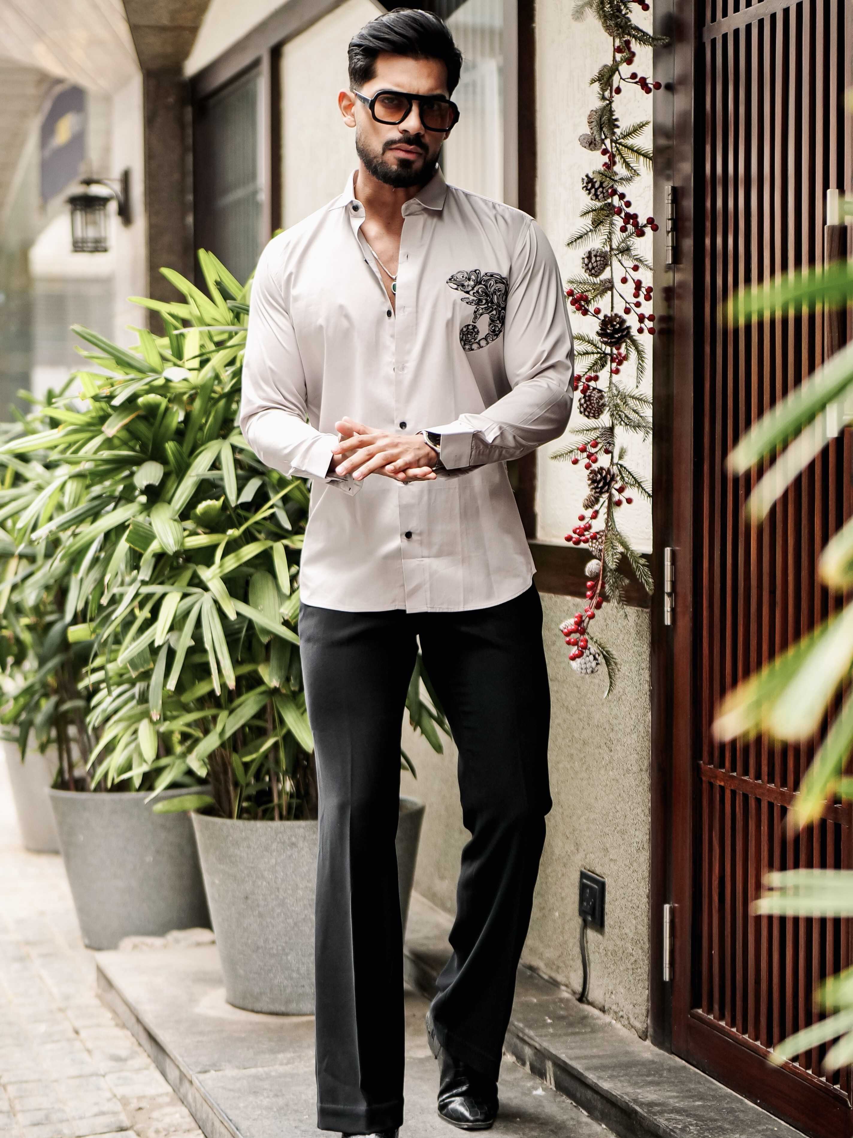 FOOMER GREY EMBROIDERED DESIGNER SHIRT FOR MEN'S