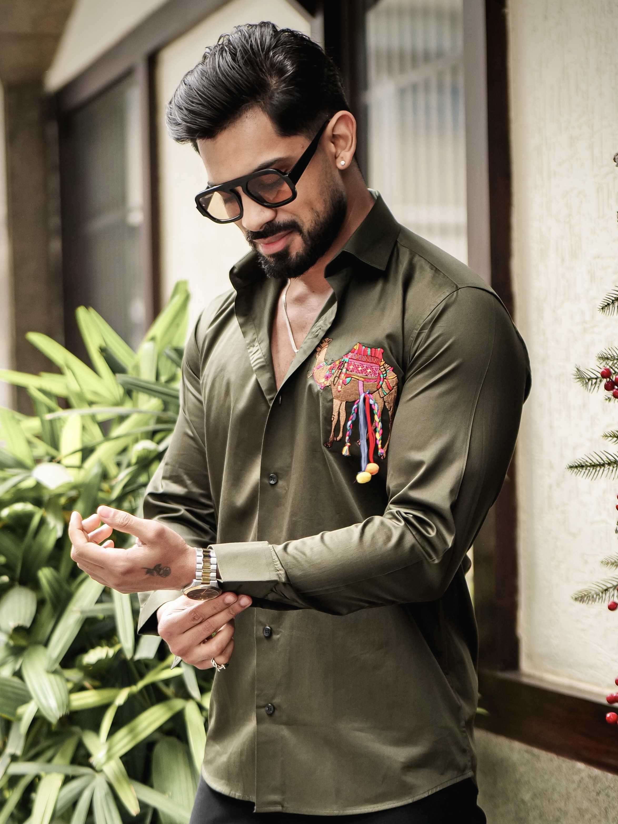 OLIVE CAMEL EMBROIDERED DESIGNER SATIN COTTON SHIRT FOR MEN'S