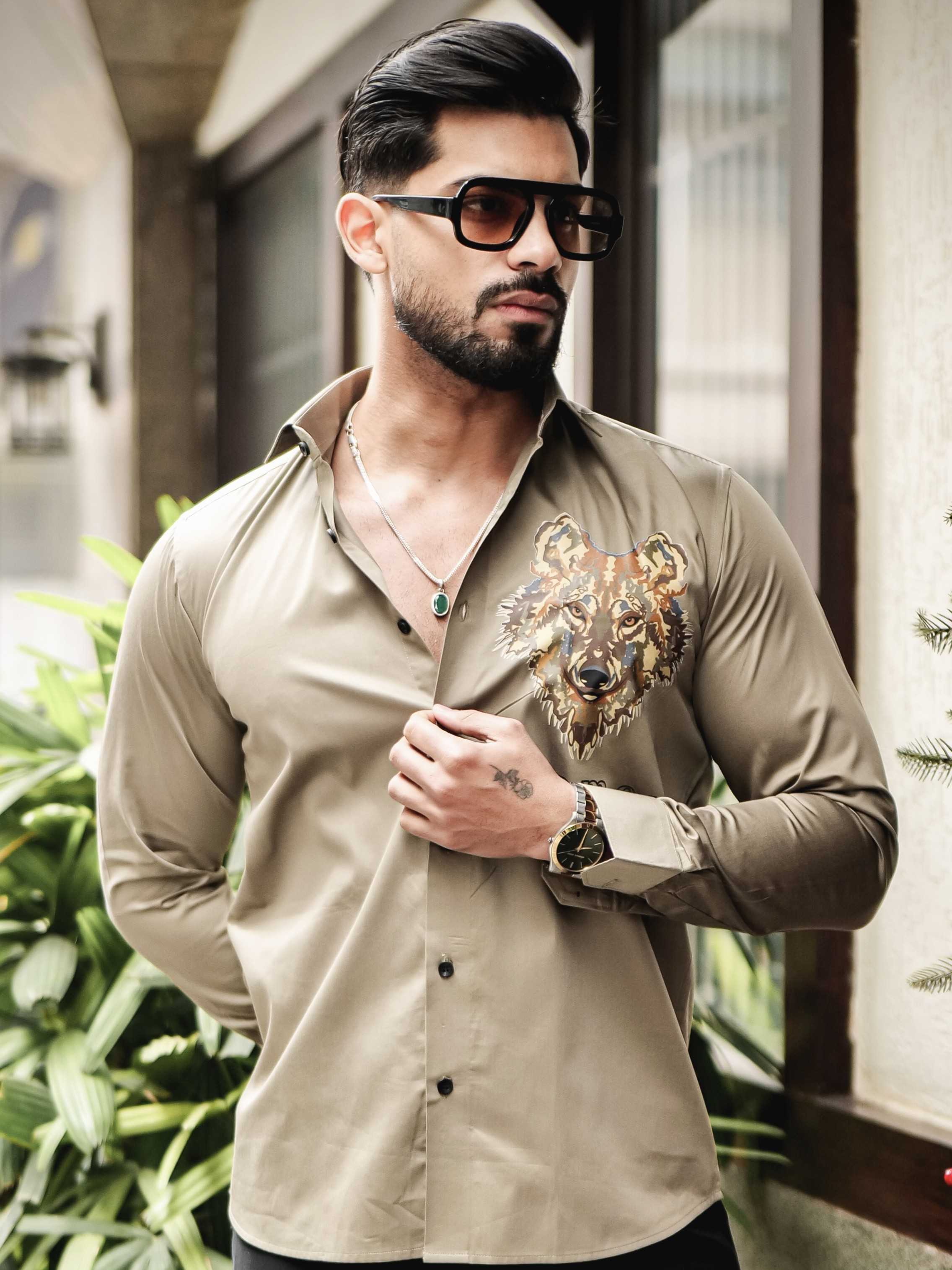 FOOMER GREEN WOLVE PRINTED SATIN COTTON SHIRT FOR MEN'S