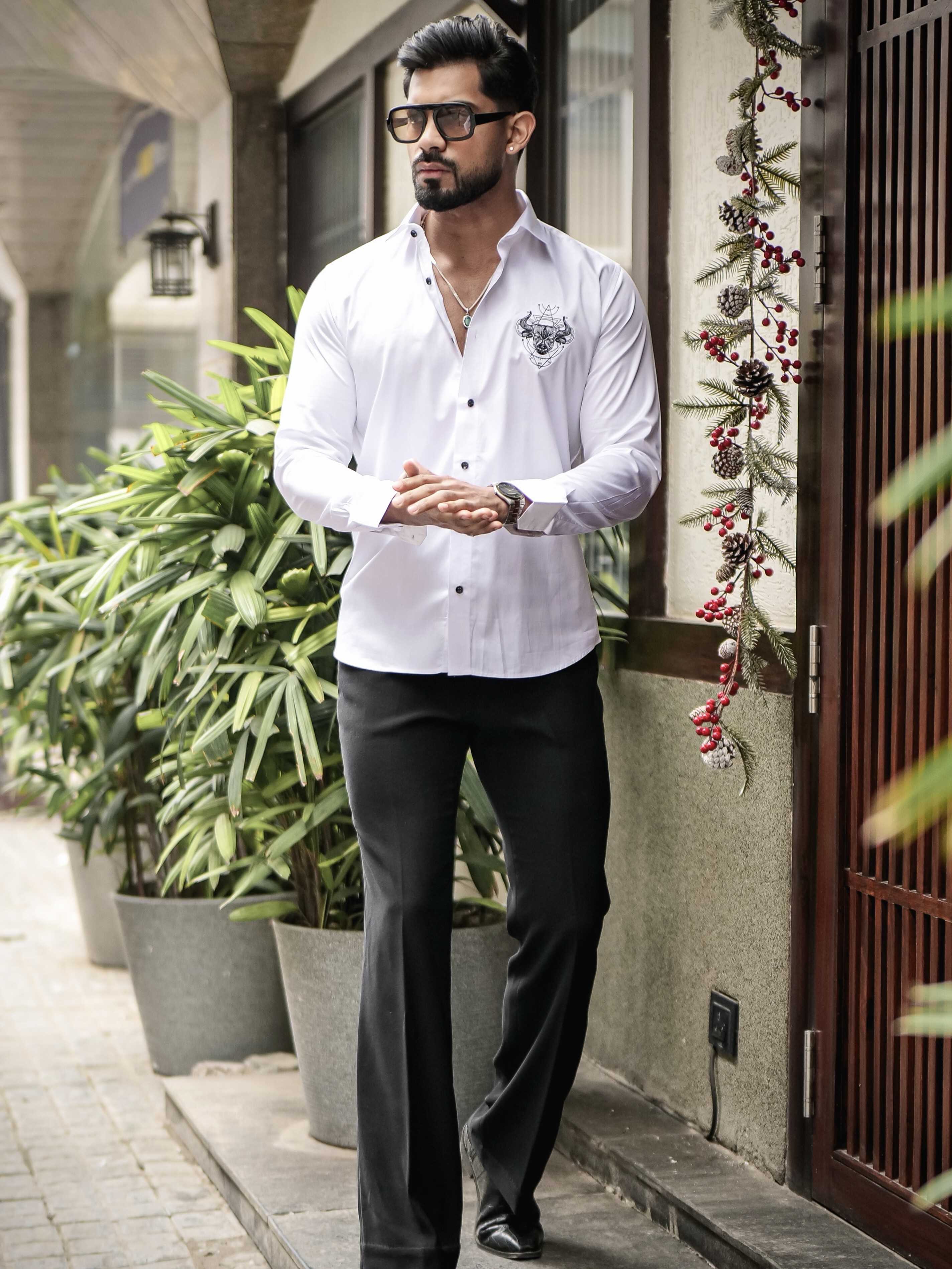 WHITE EMBROIDERED DESIGNER SATIN COTTON SHIRT FOR MEN'S
