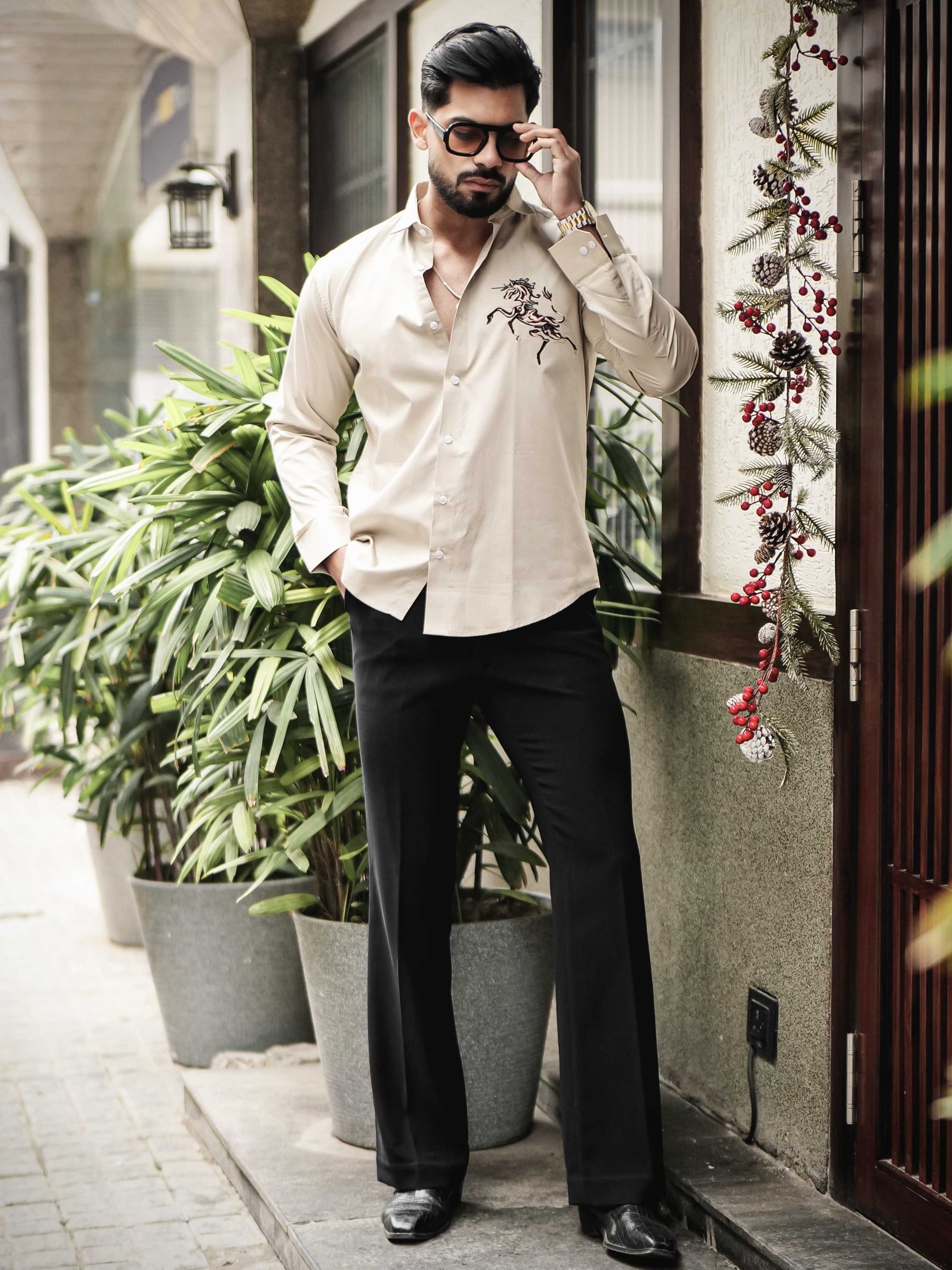 FOOMER CREAM EMBROIDERED DESIGNER SHIRT FOR MEN'S