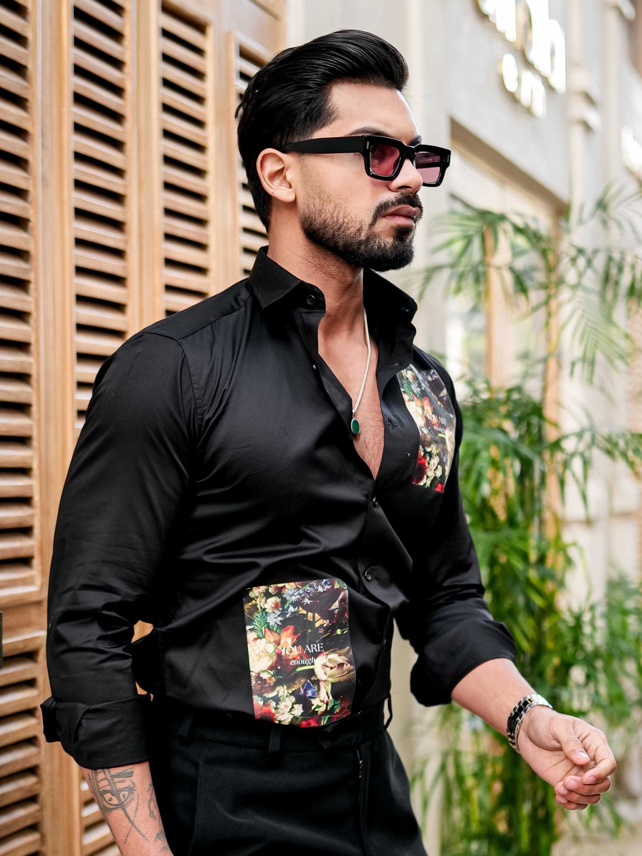 Black Club Wear Printed Satin Cotton Shirt