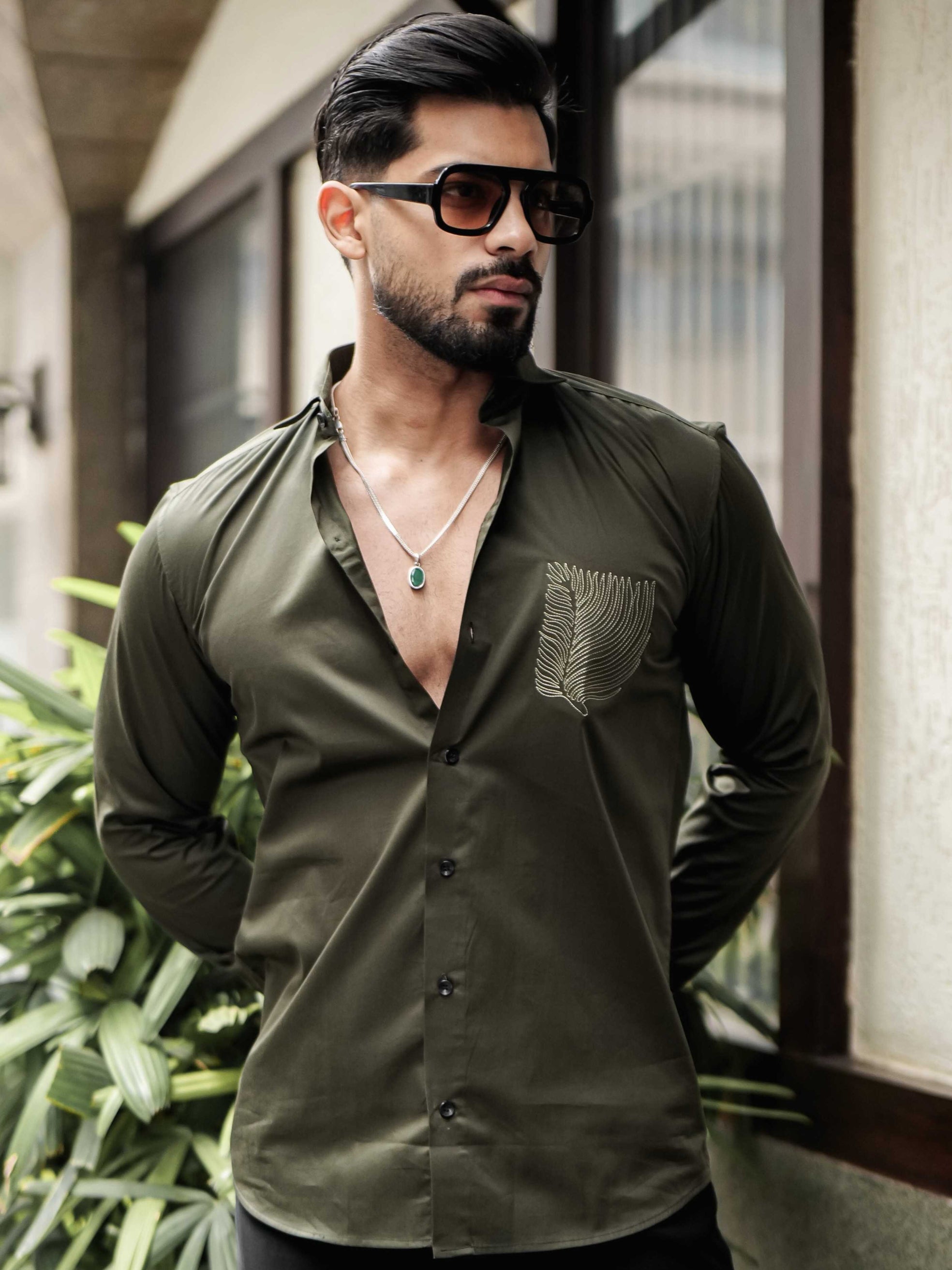 OLIVE EMBROIDERED DESIGNER SATIN COTTON SHIRT FOR MEN'S