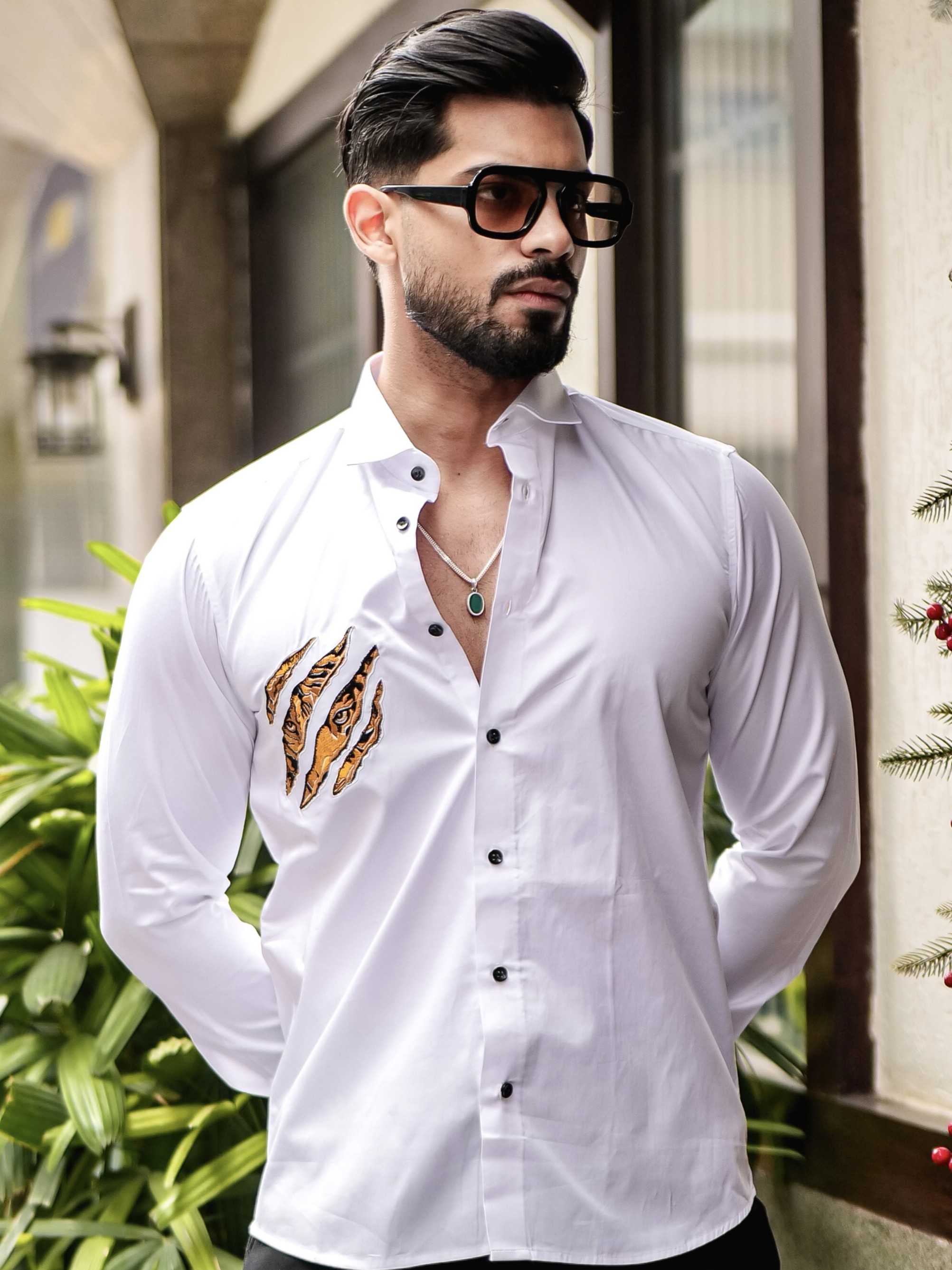 WHITE CLUB WEAR EMBROIDERY SATIN COTTON SHIRT