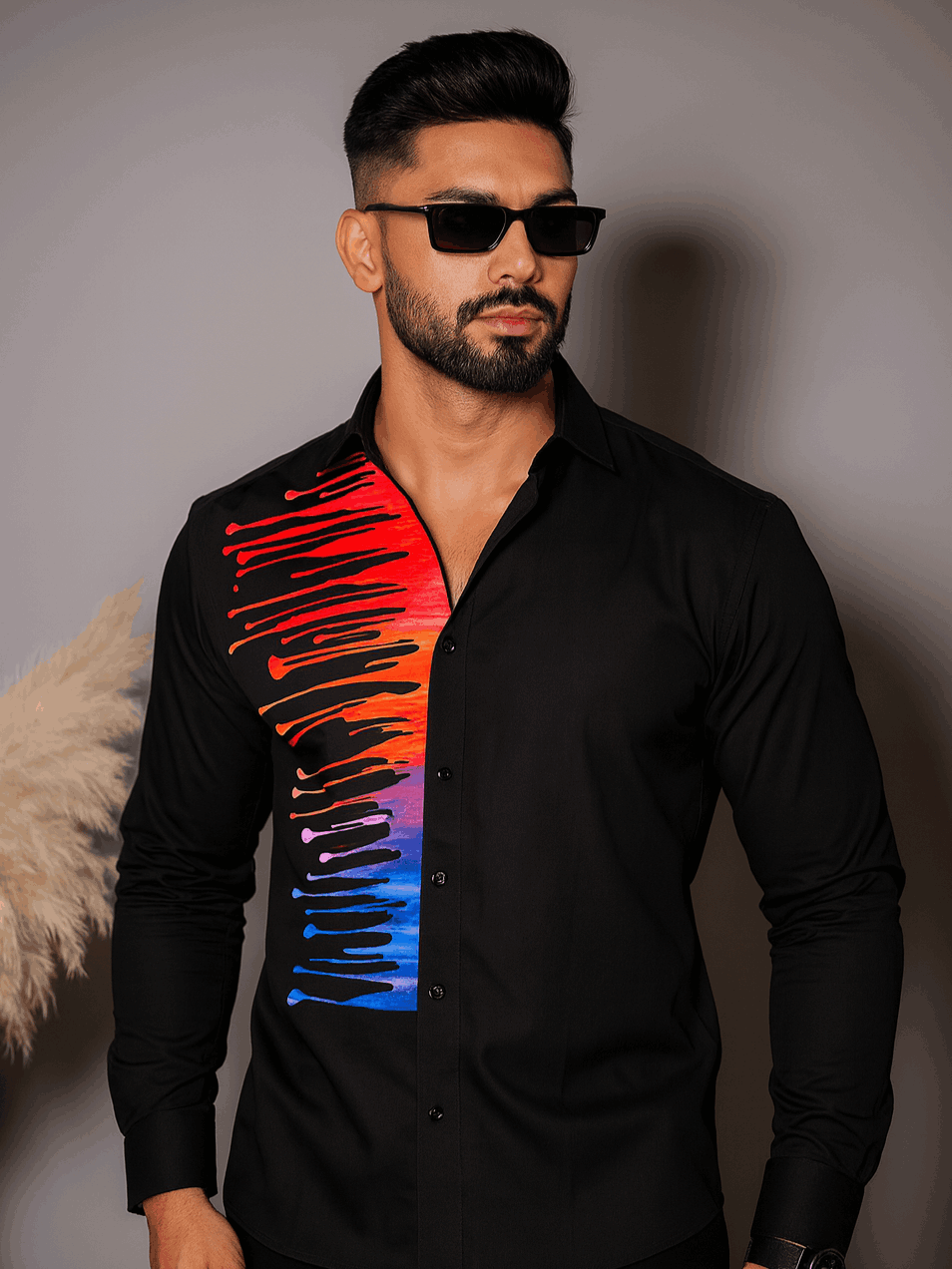 Black Club Wear Printed Satin Cotton Shirt