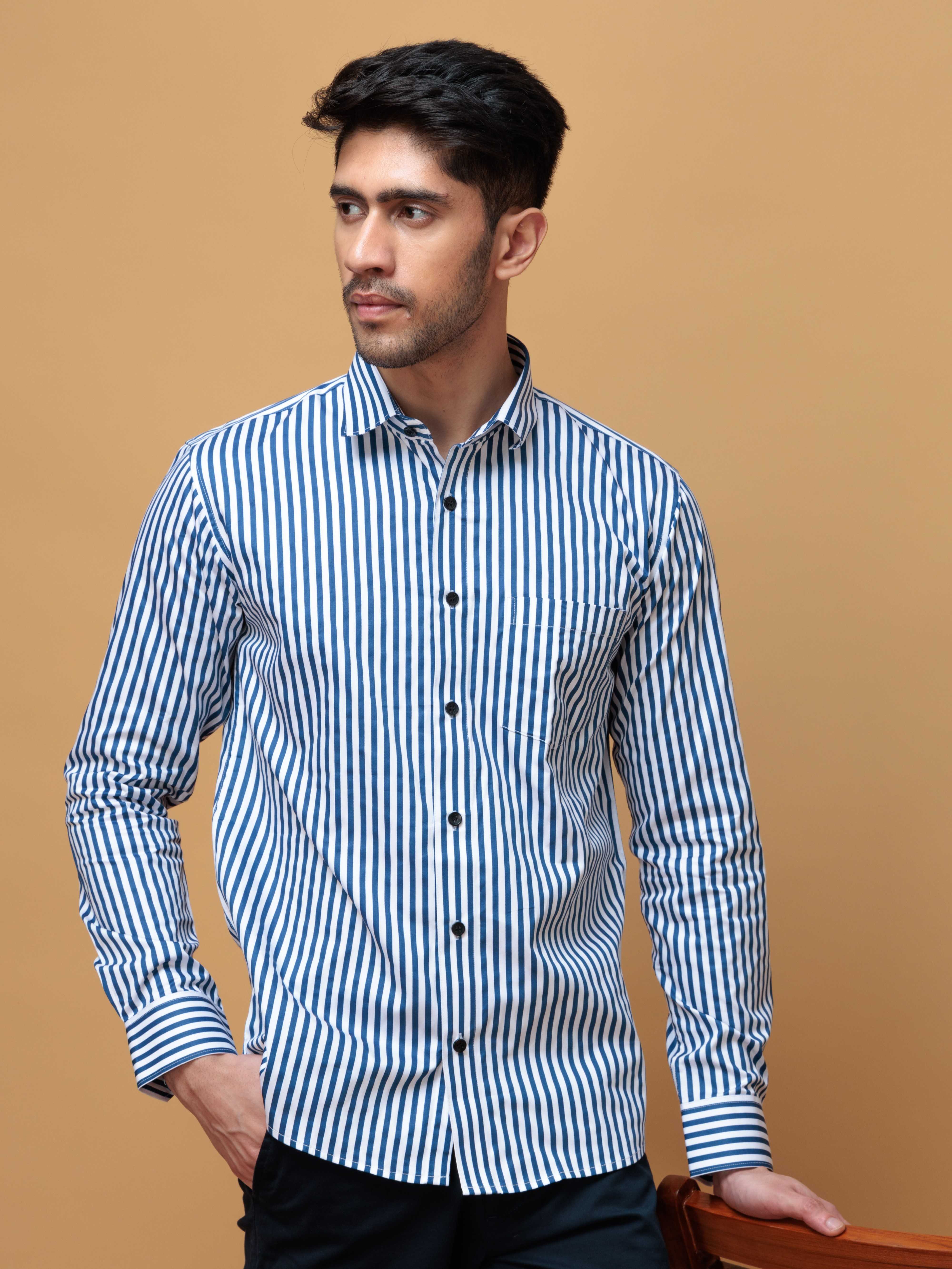 BLUE STRIPED COTTON REGULAR FIT MEN&#39;S CASUAL SHIRT FOR MEN&#39;S