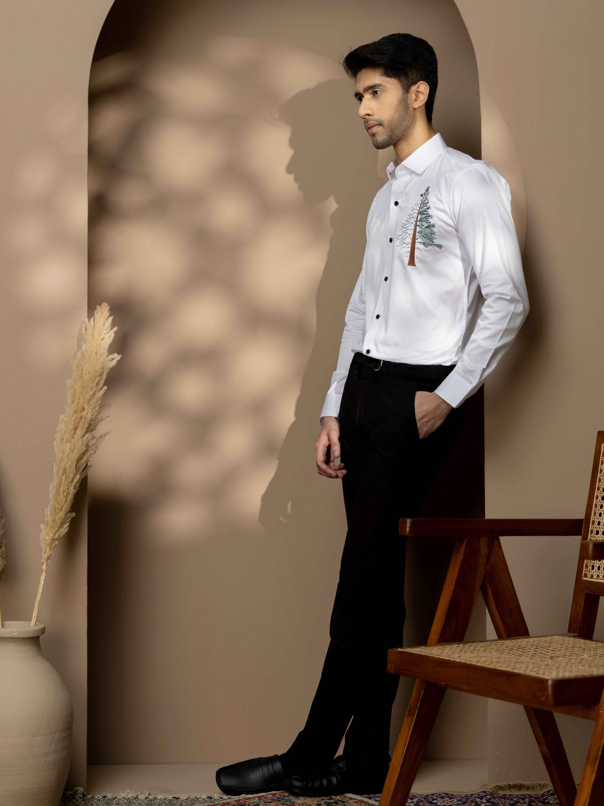 FOOMER TREE EMBROIDERED WHITE LUXURY COTTON SHIRT FOR MEN