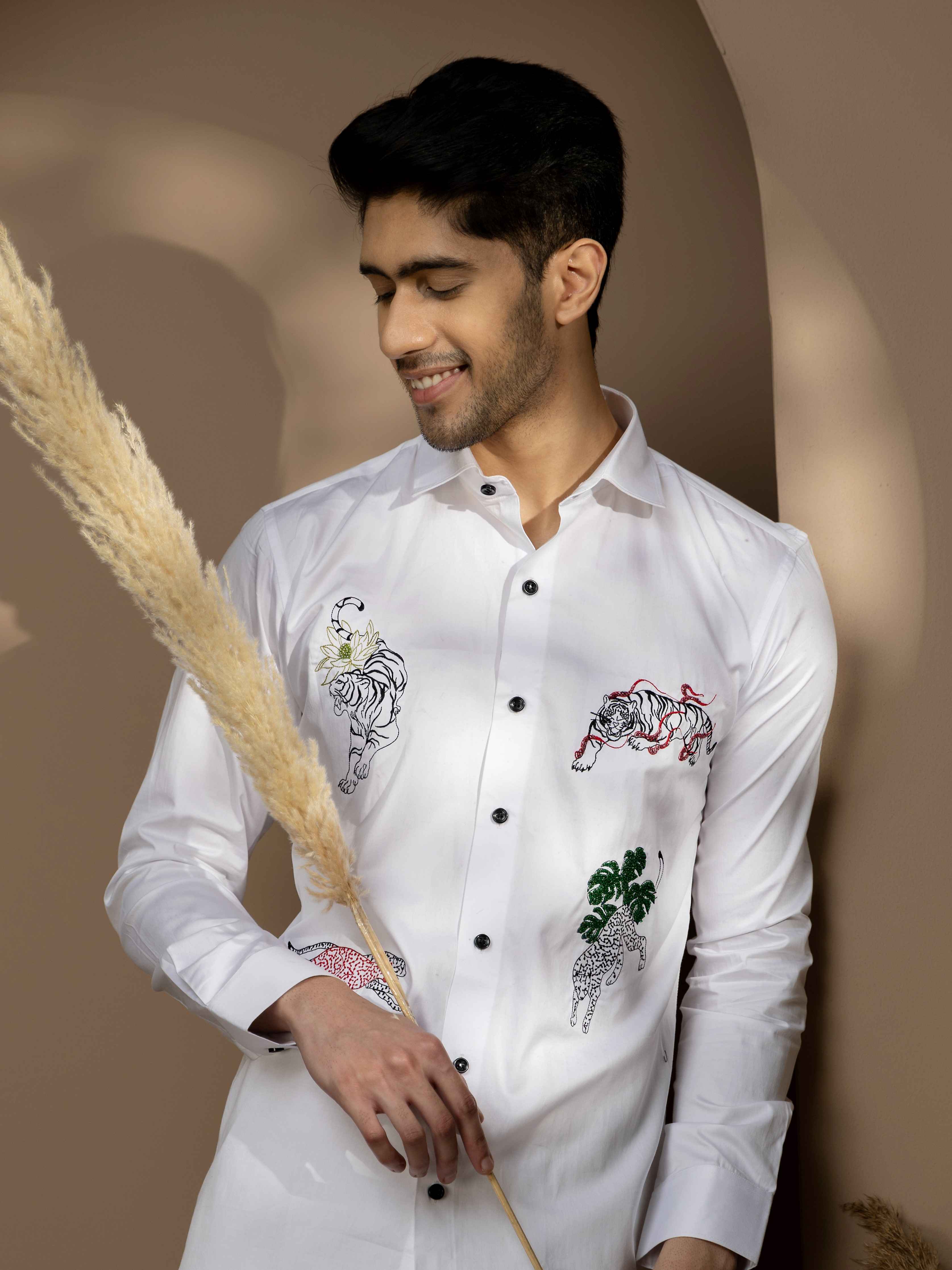 FOOMER ZOO EMBROIDERED WHITE LUXURY COTTON SHIRT FOR MEN