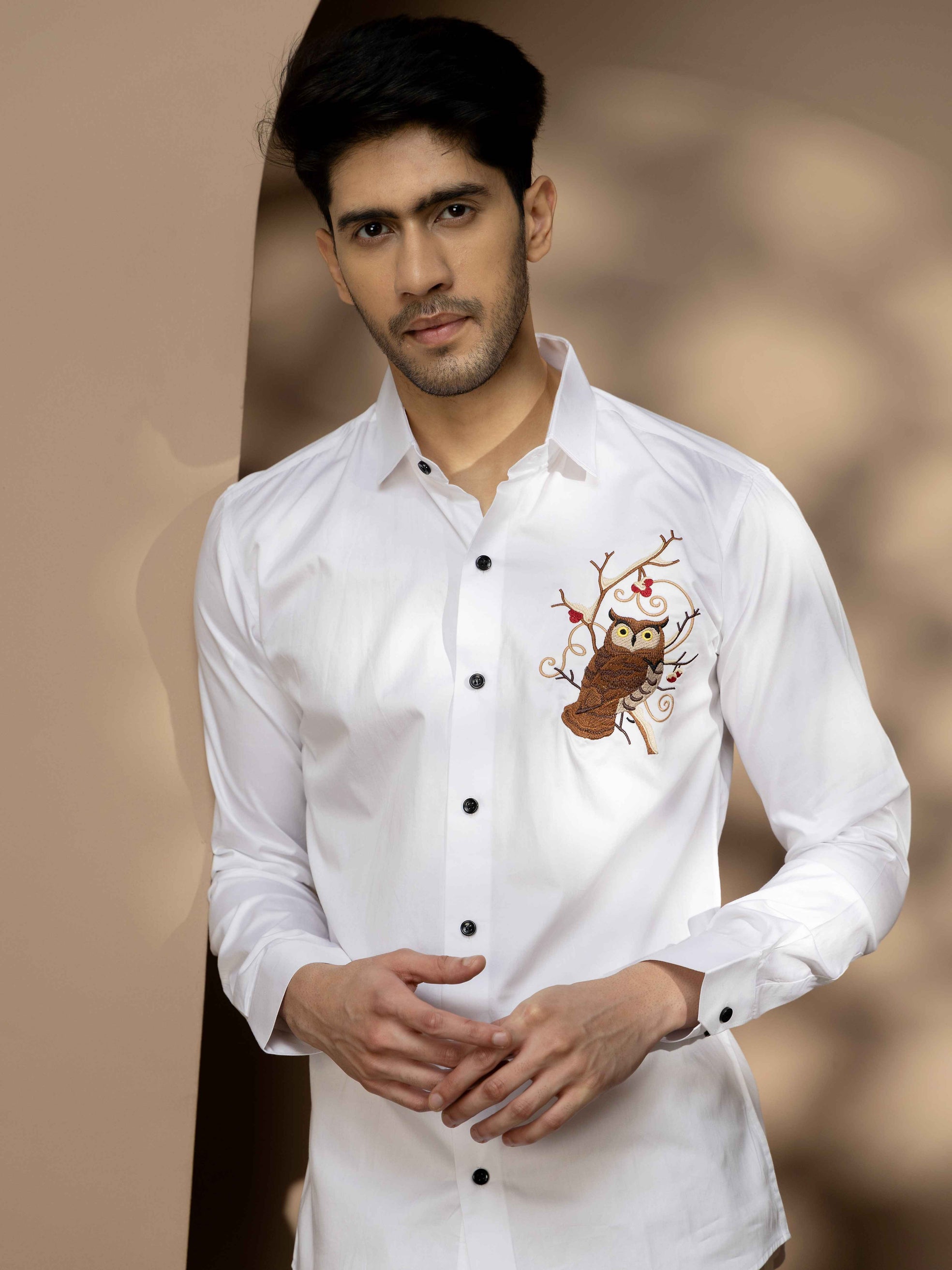 FOOMER WHITE OWL EMBROIDERED CLUB WEAR SATIN COTTON SHIRT