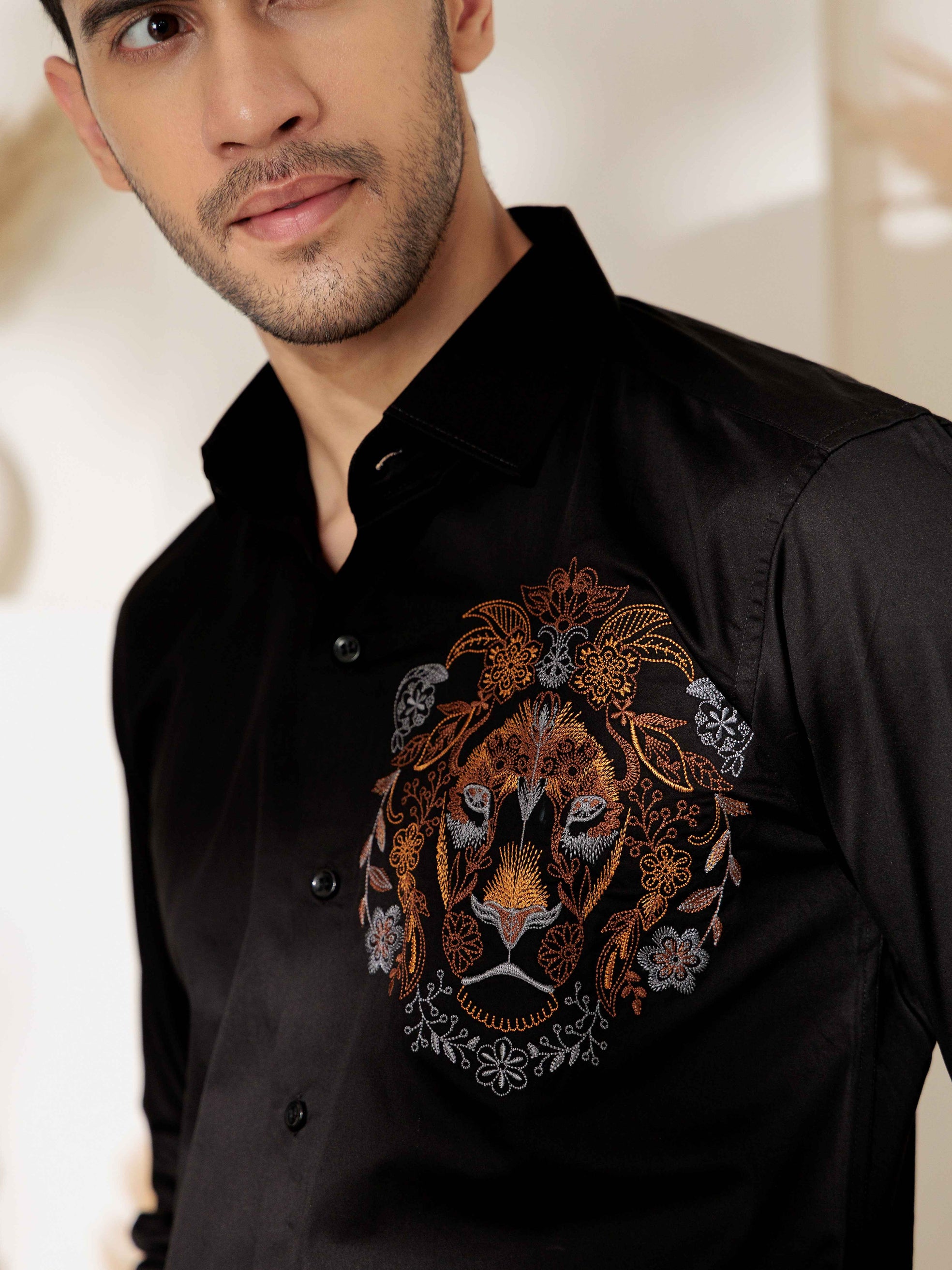 FOOMER BLACK LION EMBROIDERED CLUB WEAR SATIN COTTON SHIRT