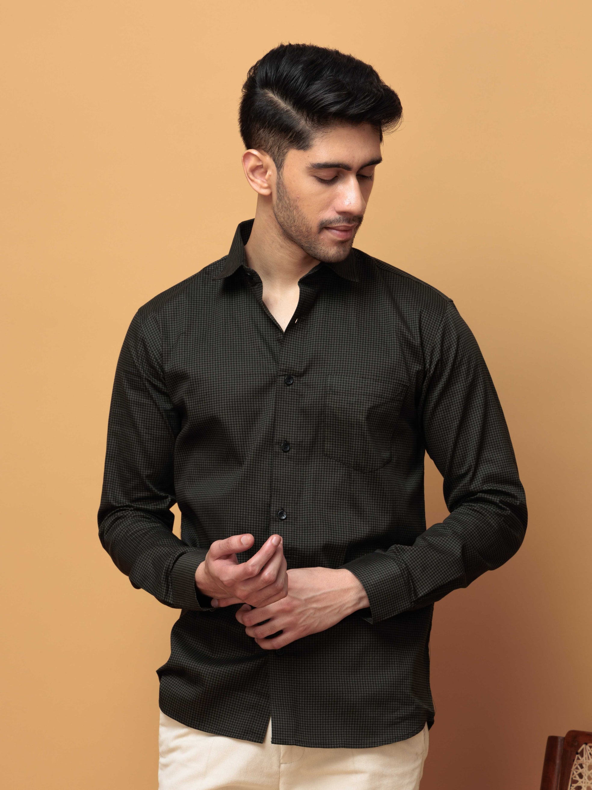 FOOMER GREEN MINI CHECKED COTTON CASUAL SHIRT FOR MEN'S