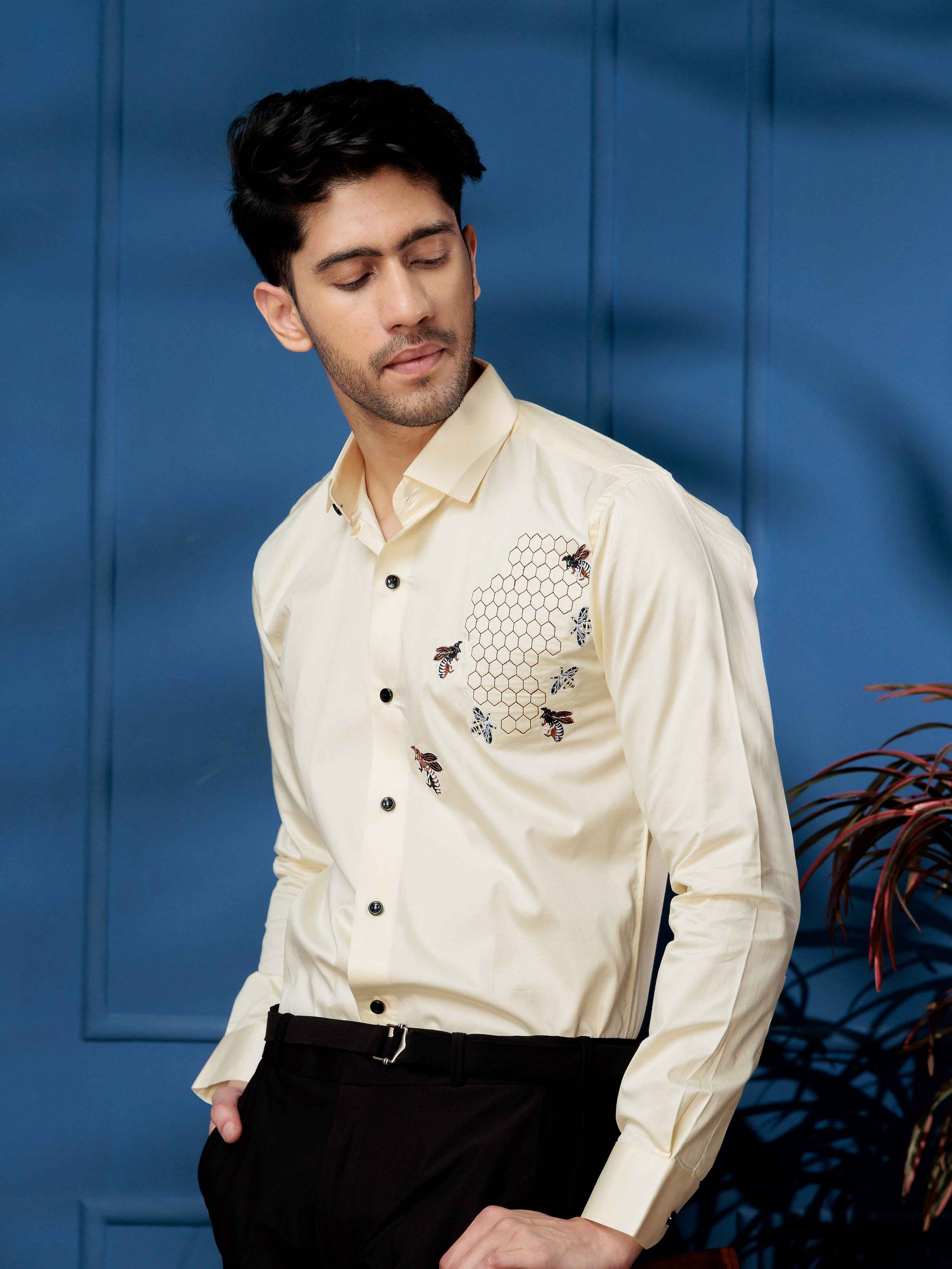 FOOMER LIGHT YELLOW HONEY BEES EMBROIDERED CLUB WEAR SATIN COTTON SHIRT