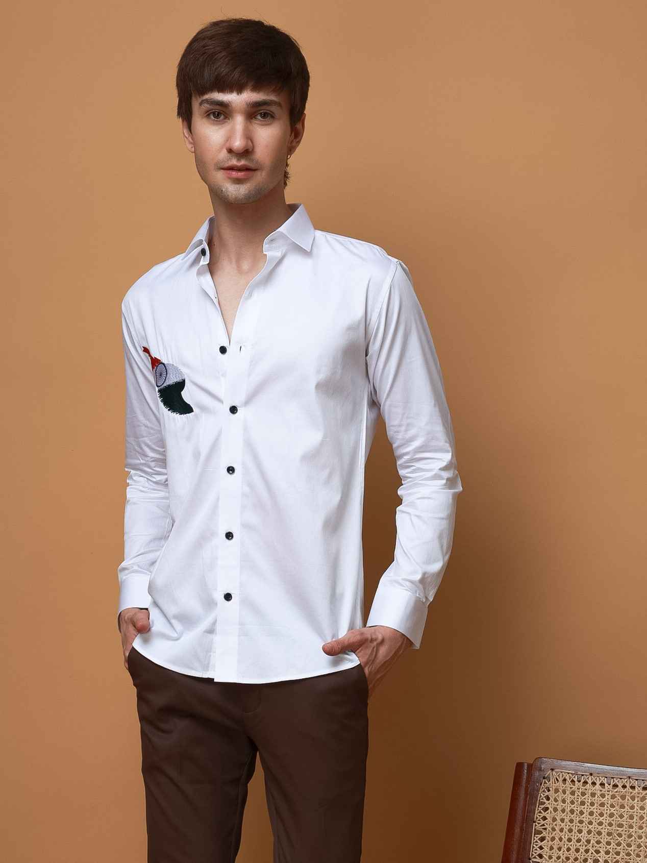 WHITE TIRANGA EMBROIDERED DESIGNER SATIN COTTON SHIRT FOR MEN&#39;S